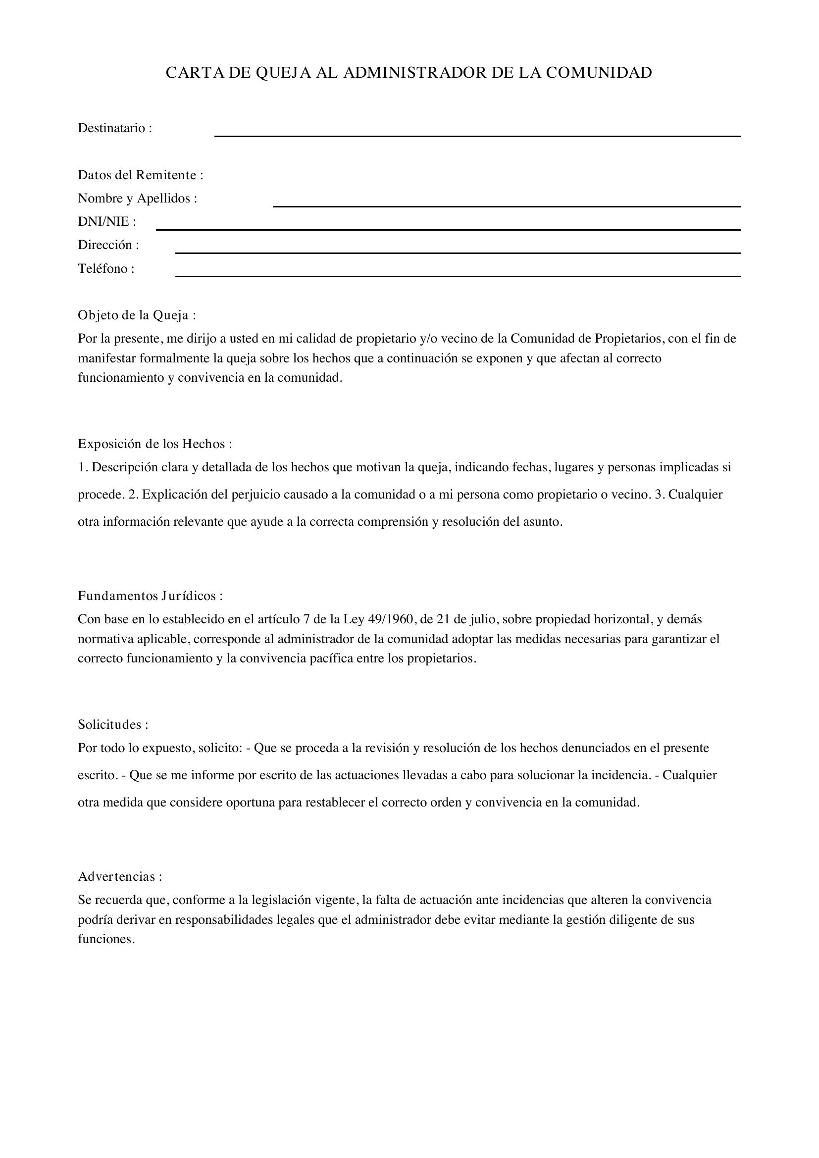 Carta De Queja Al Administrador