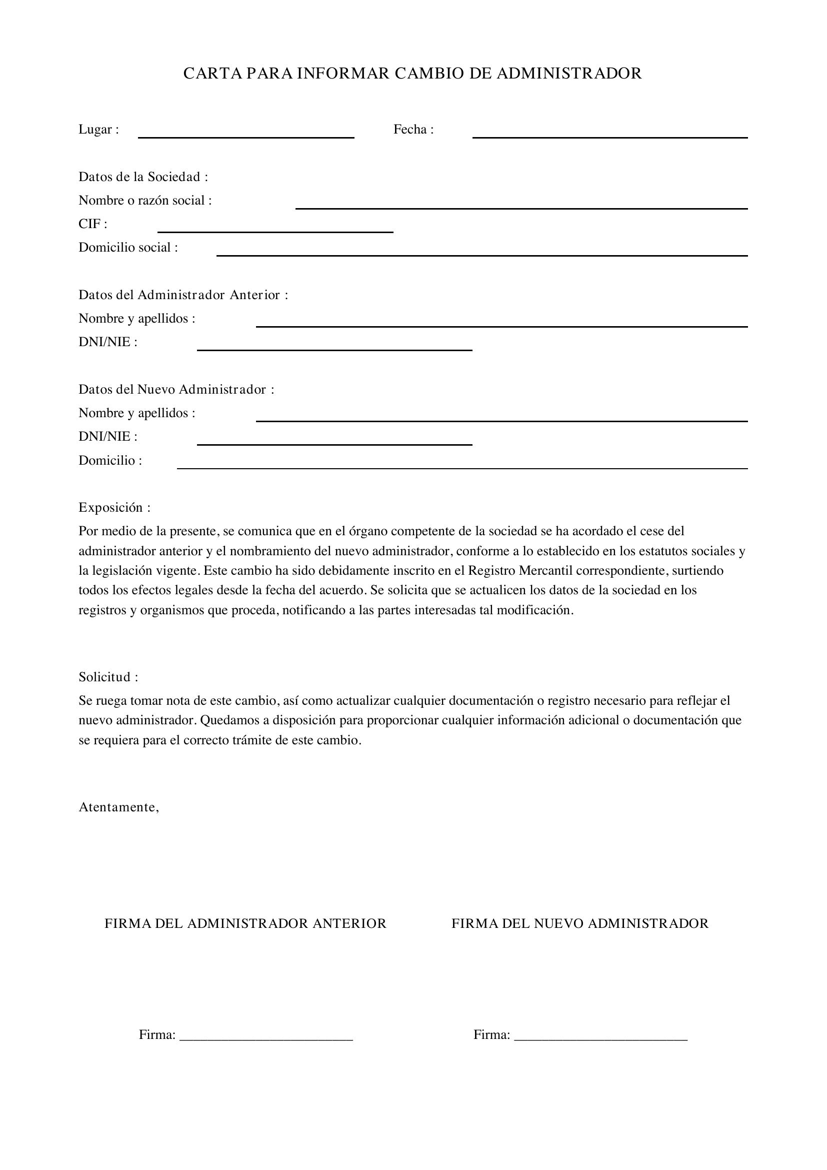 Carta Para Informar Cambio De Administrador