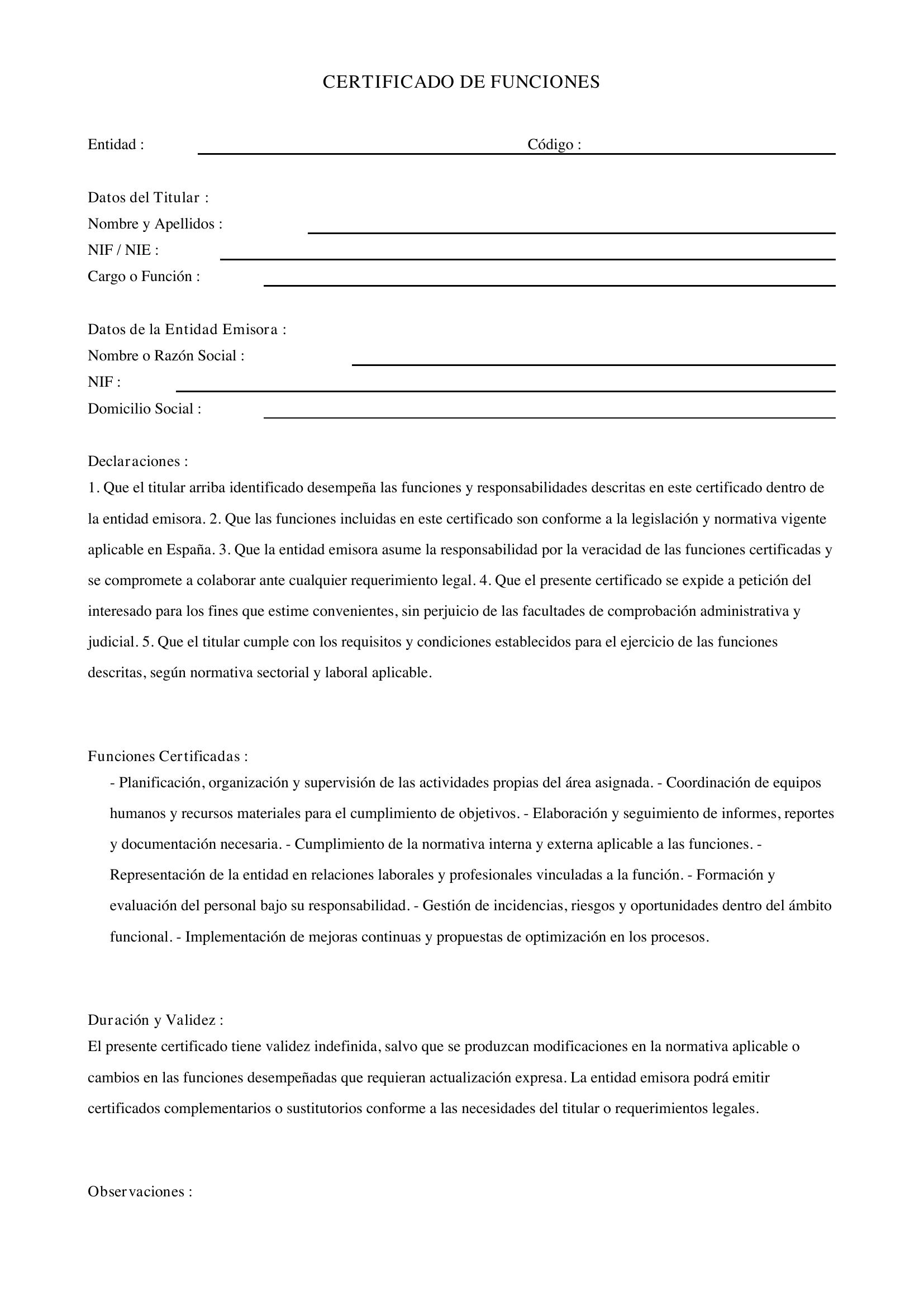 Certificado De Funciones
