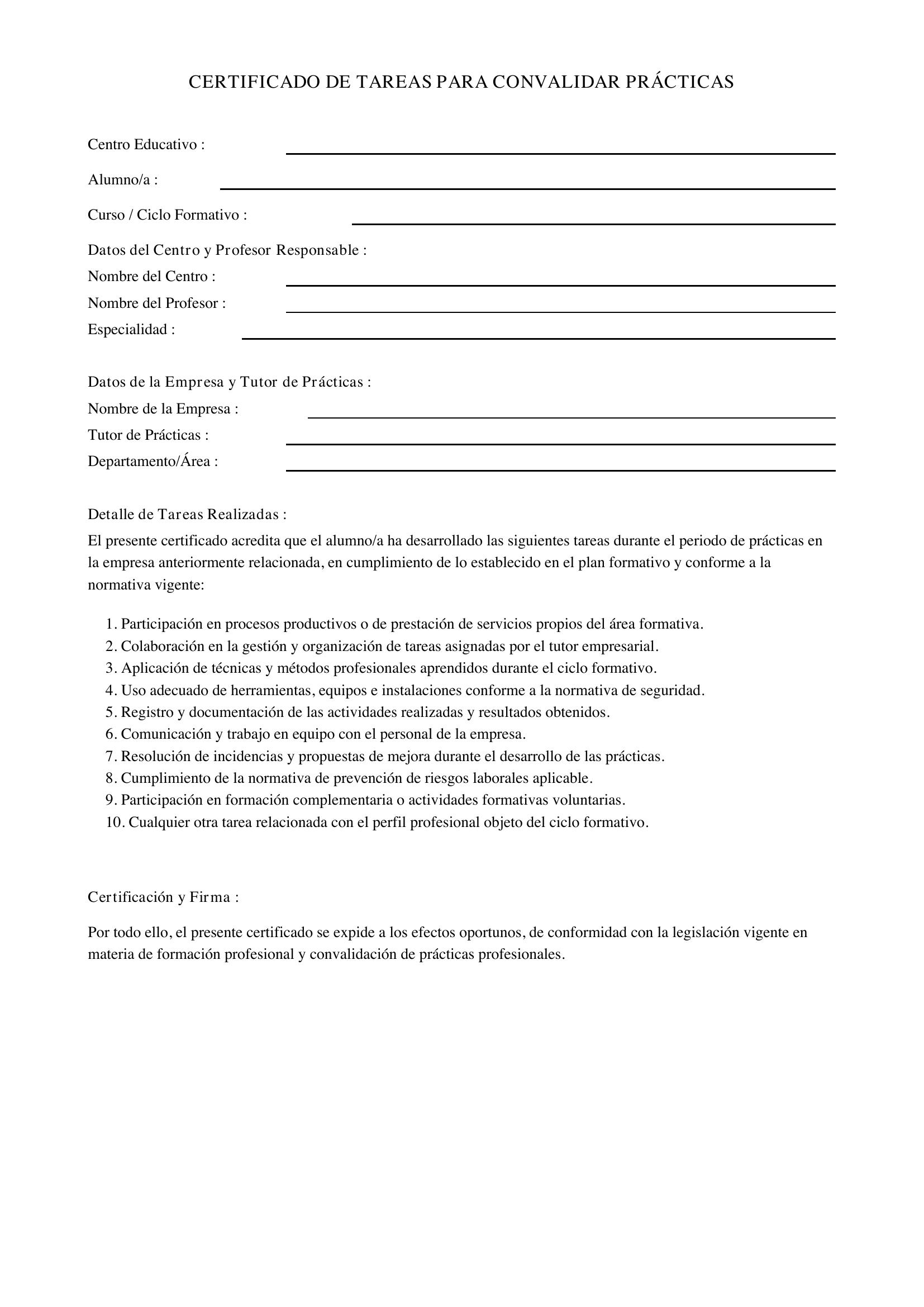 Certificado De Tareas Para Convalidar Prácticas