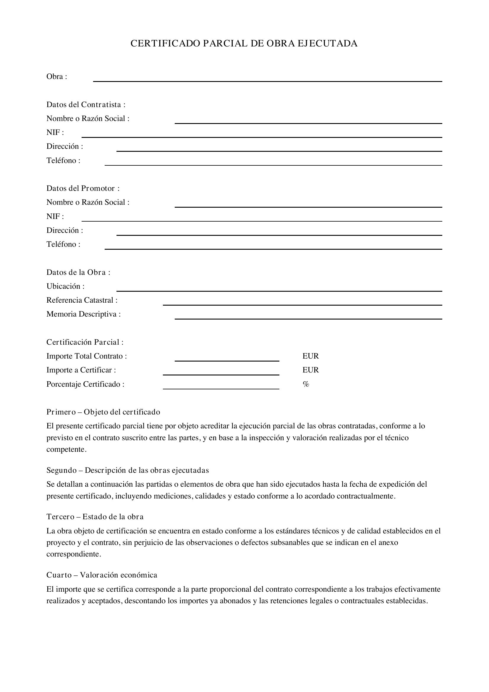 Certificado Parcial De Obra Ejecutada Modelo