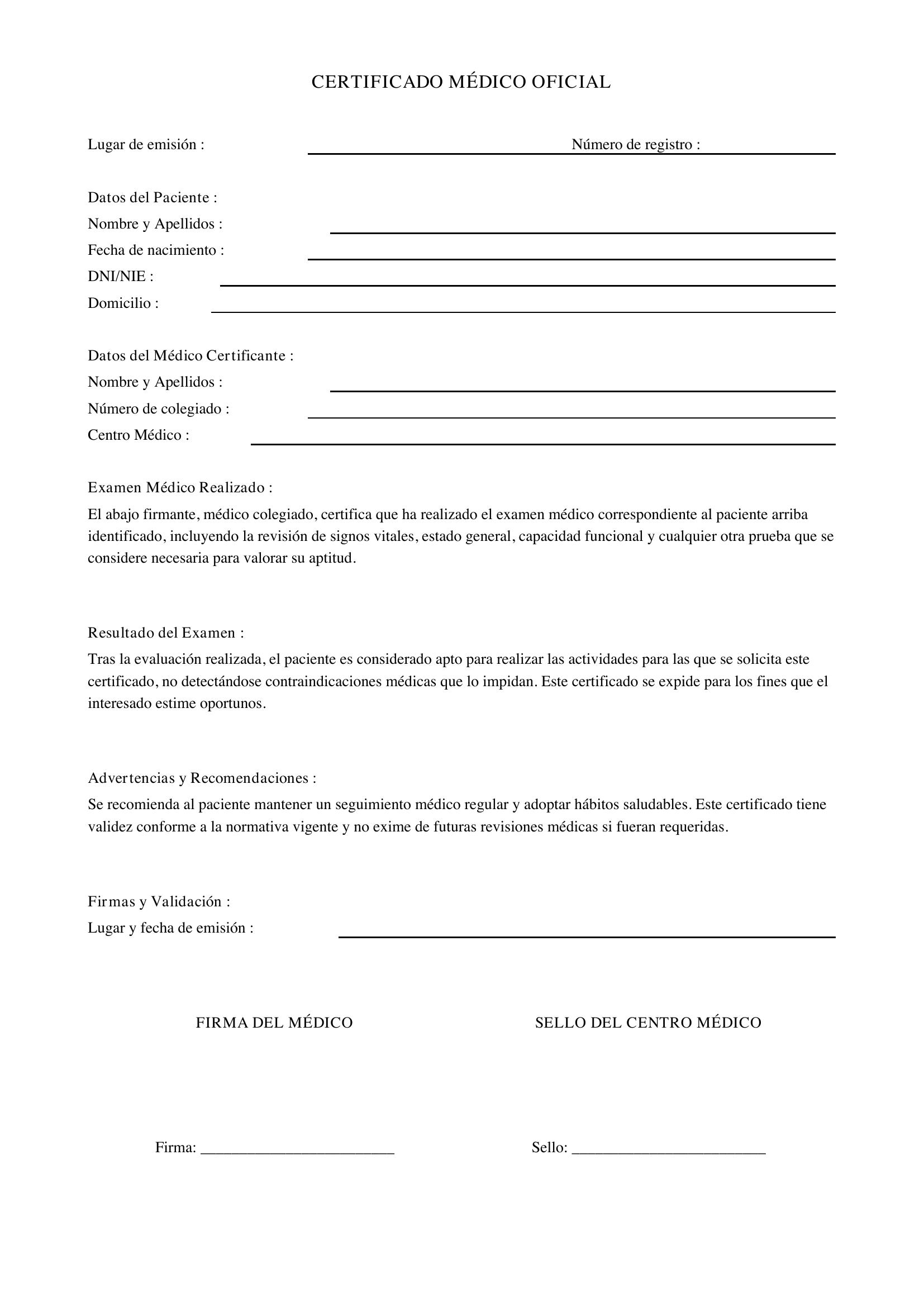Ejemplo Certificado Médico Oficial Relleno
