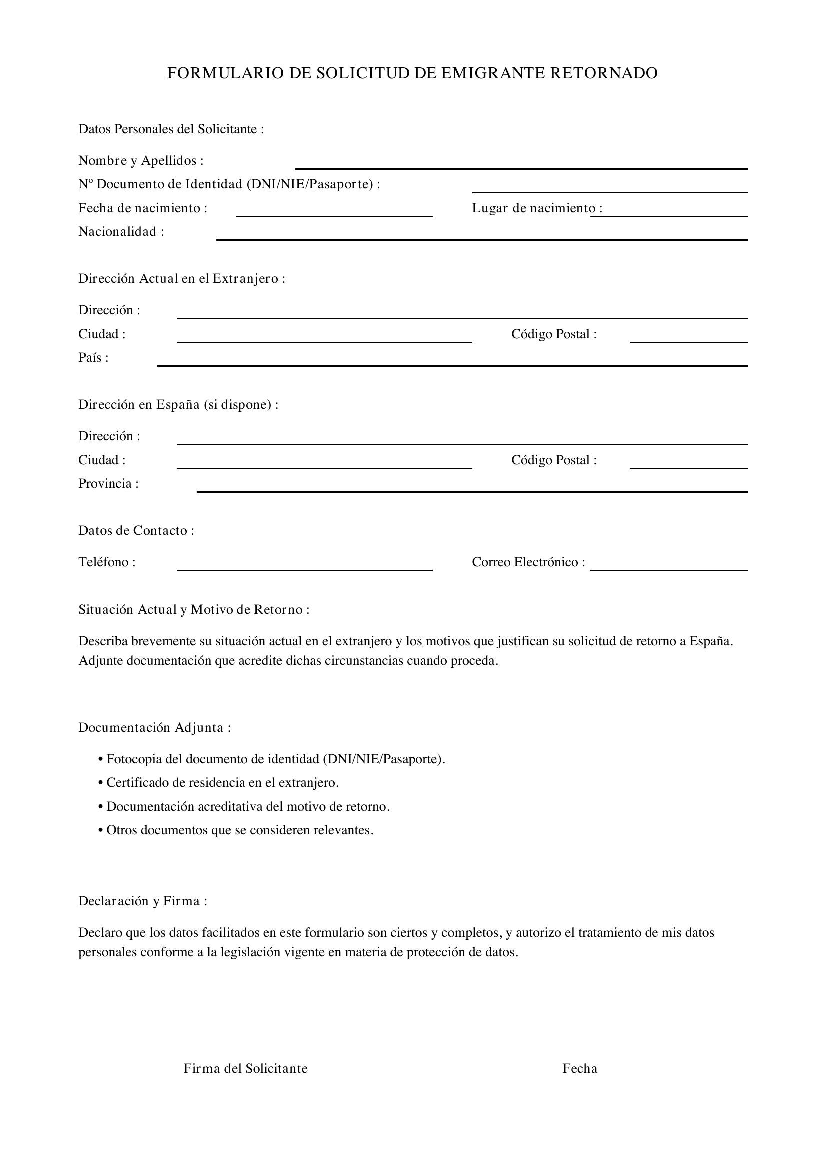 Formulario De Solicitud De Emigrante Retornado