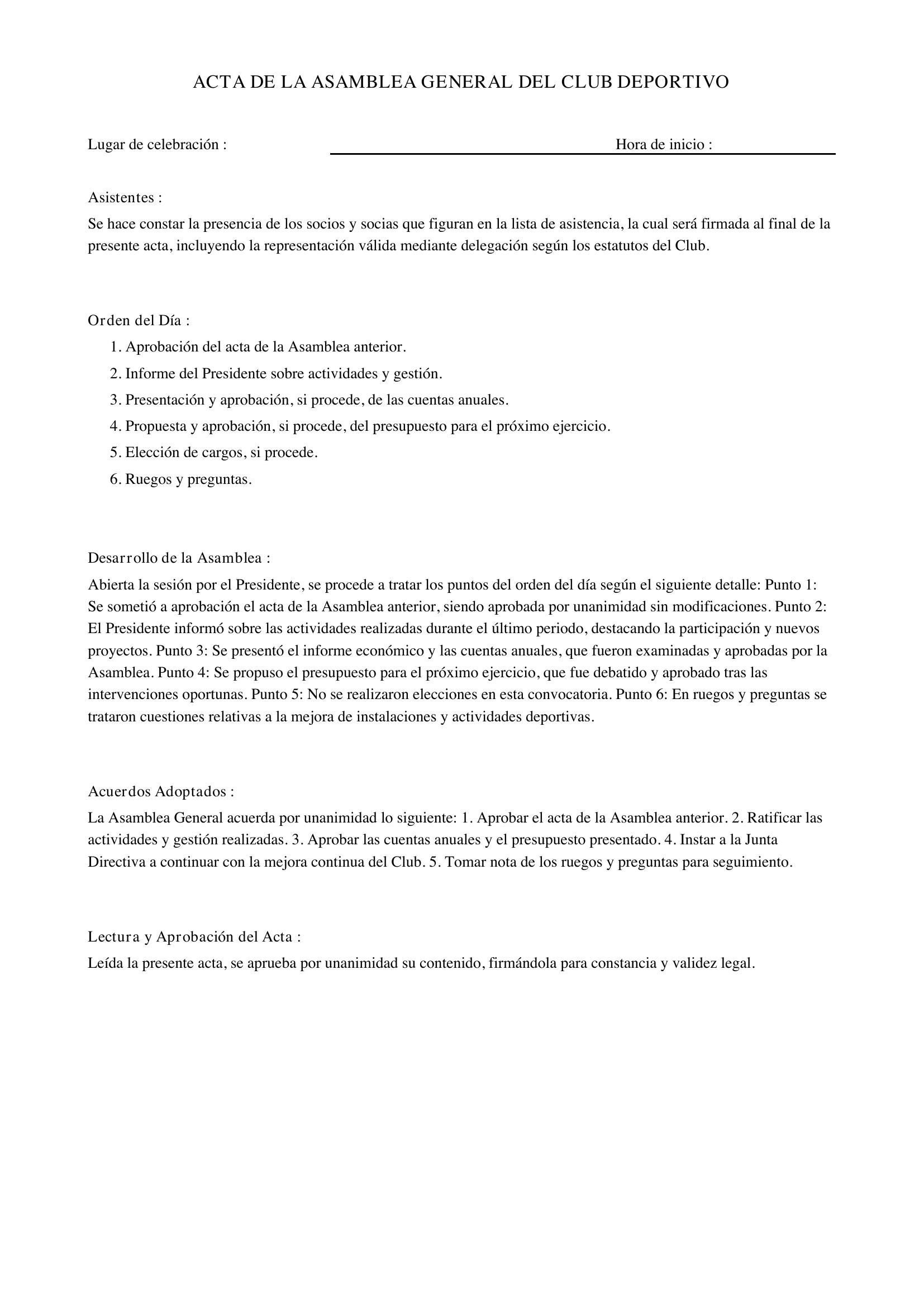 Modelo Acta Asamblea Club Deportivo