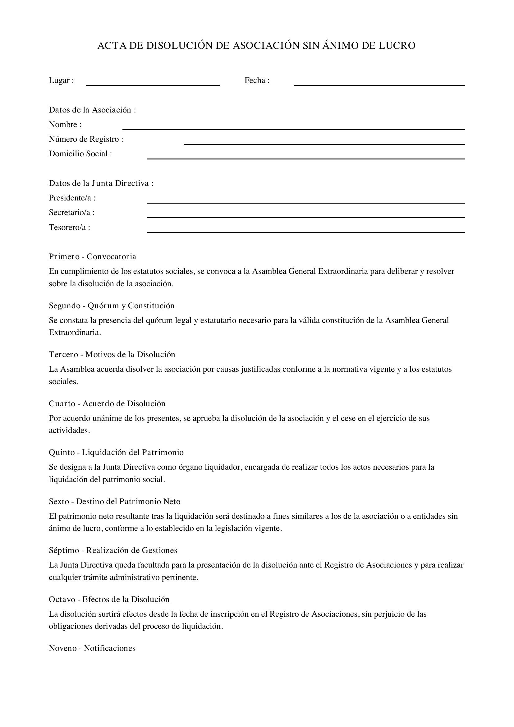 Modelo Acta Disolución Asociación Sin Ánimo Lucro