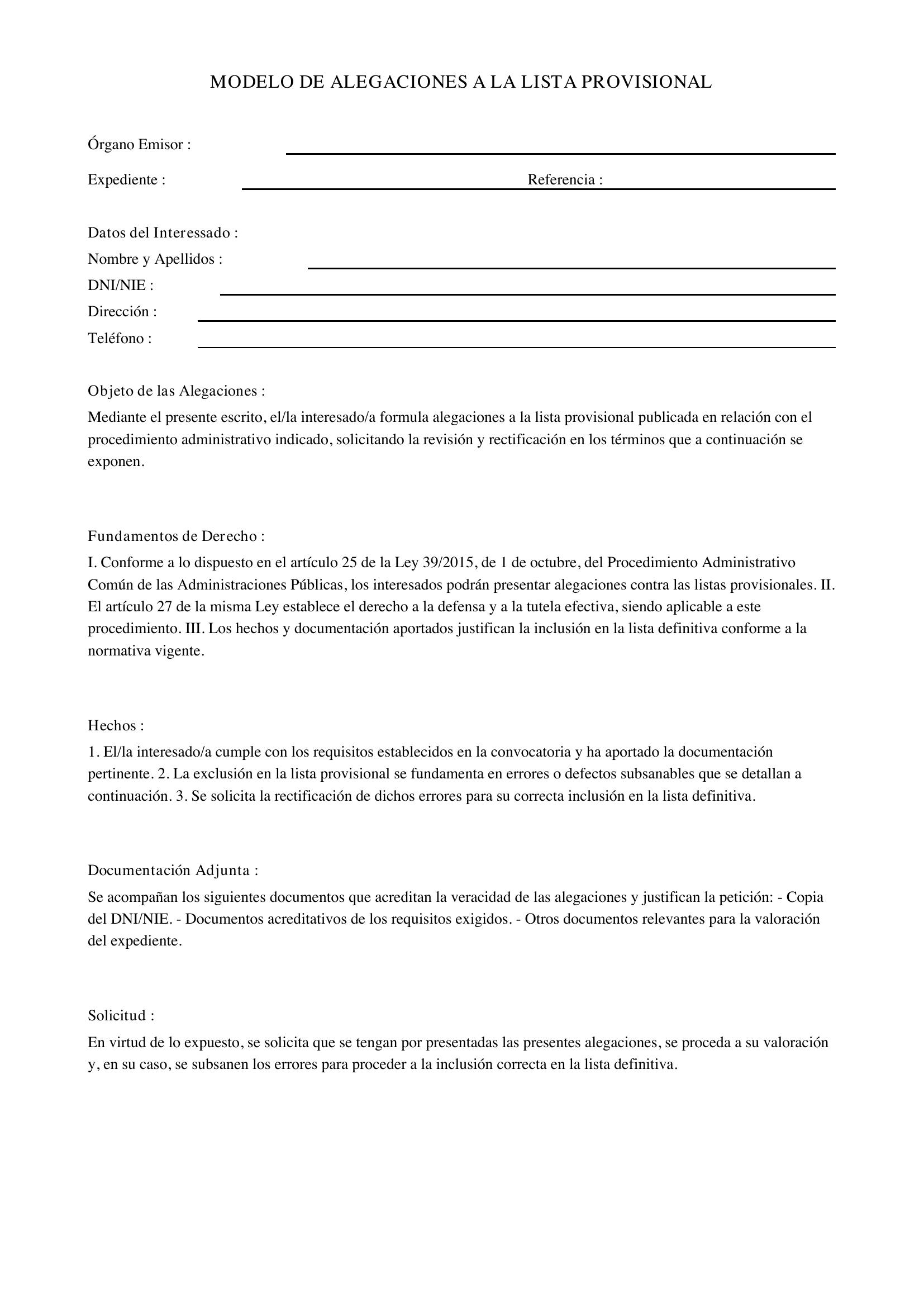 Modelo Alegaciones Lista Provisional
