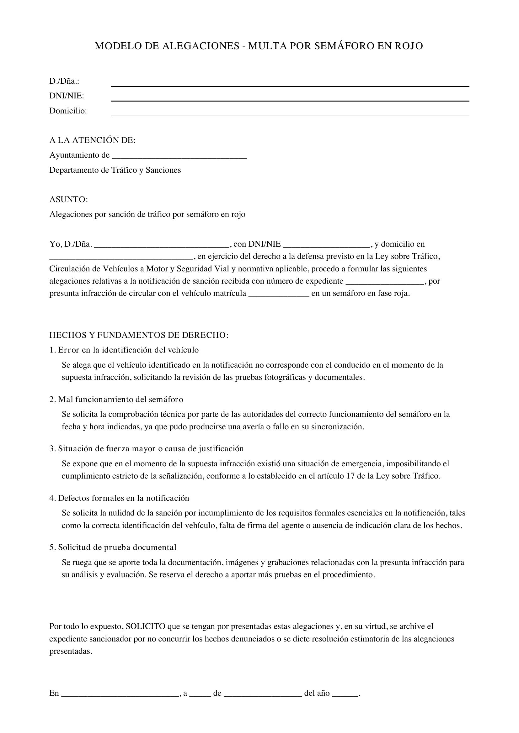 Modelo Alegaciones Multa Semáforo Rojo