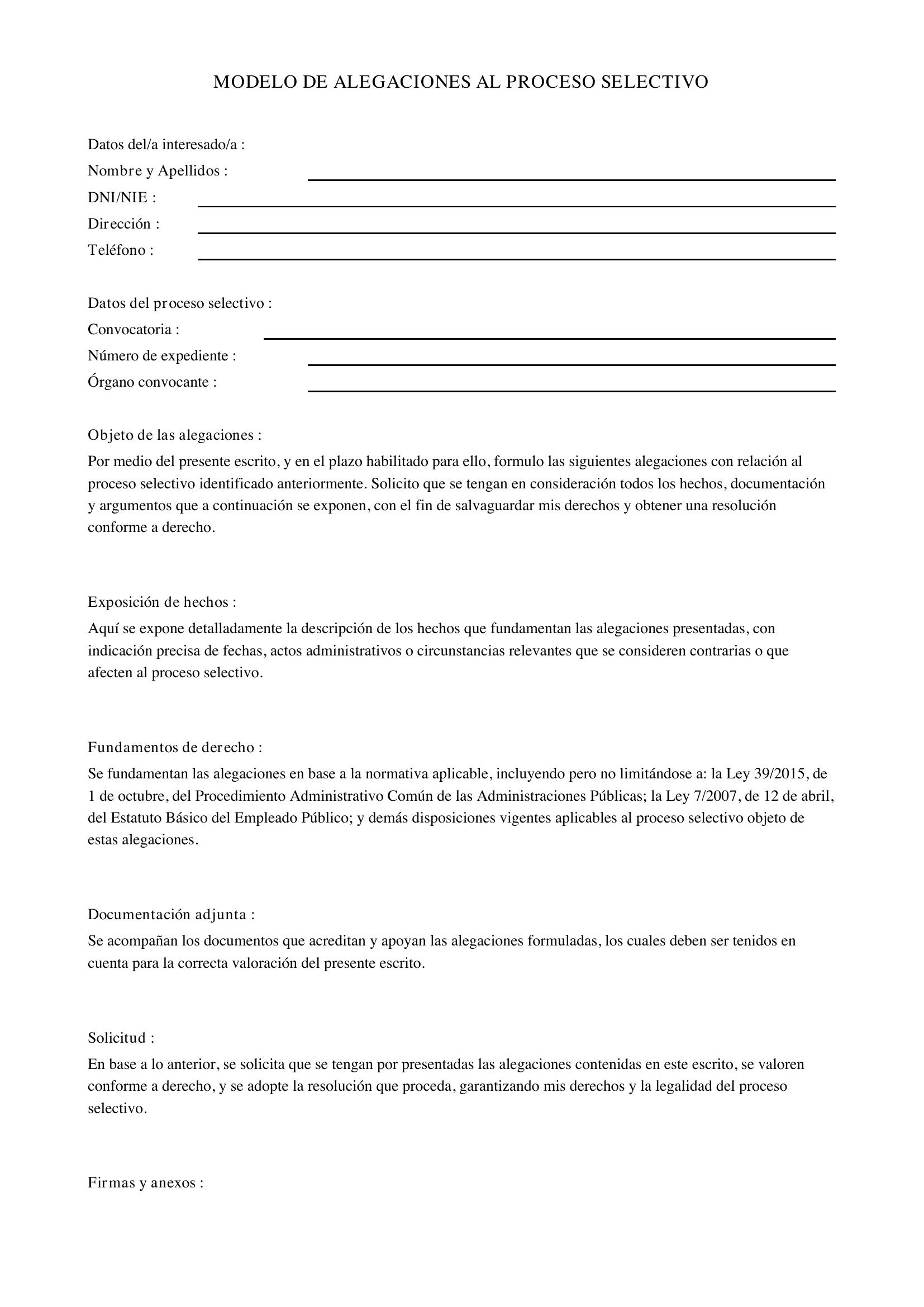 Modelo Alegaciones Proceso Selectivo
