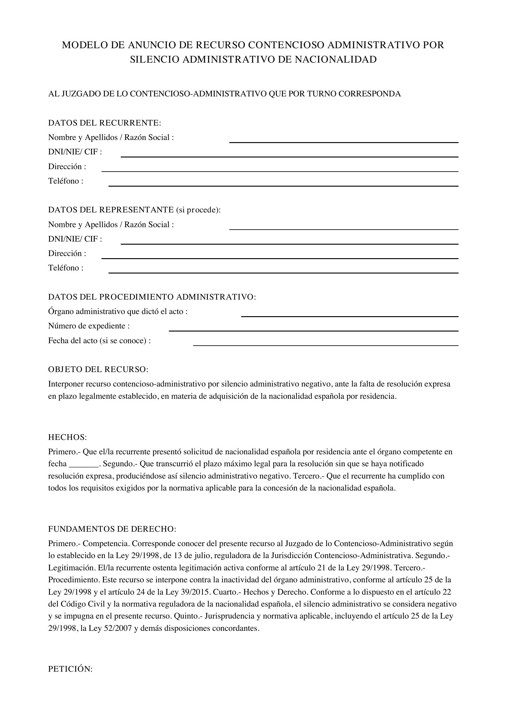 Modelo Anuncio Recurso Contencioso Administrativo Por Silencio Administrativo Nacionalidad