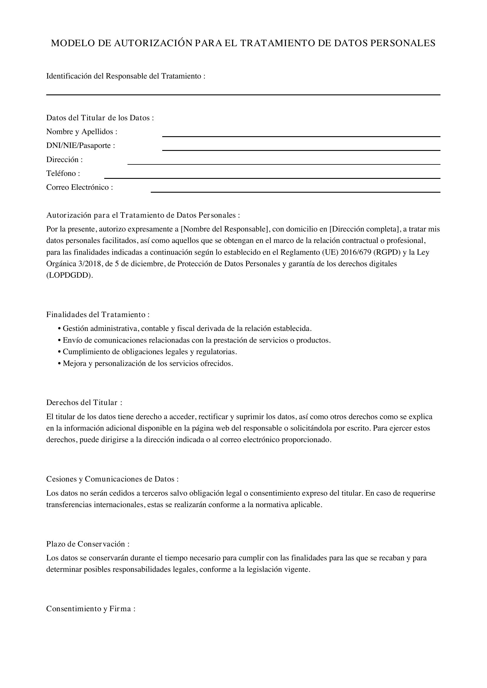 Modelo Autorización Tratamiento De Datos Personales
