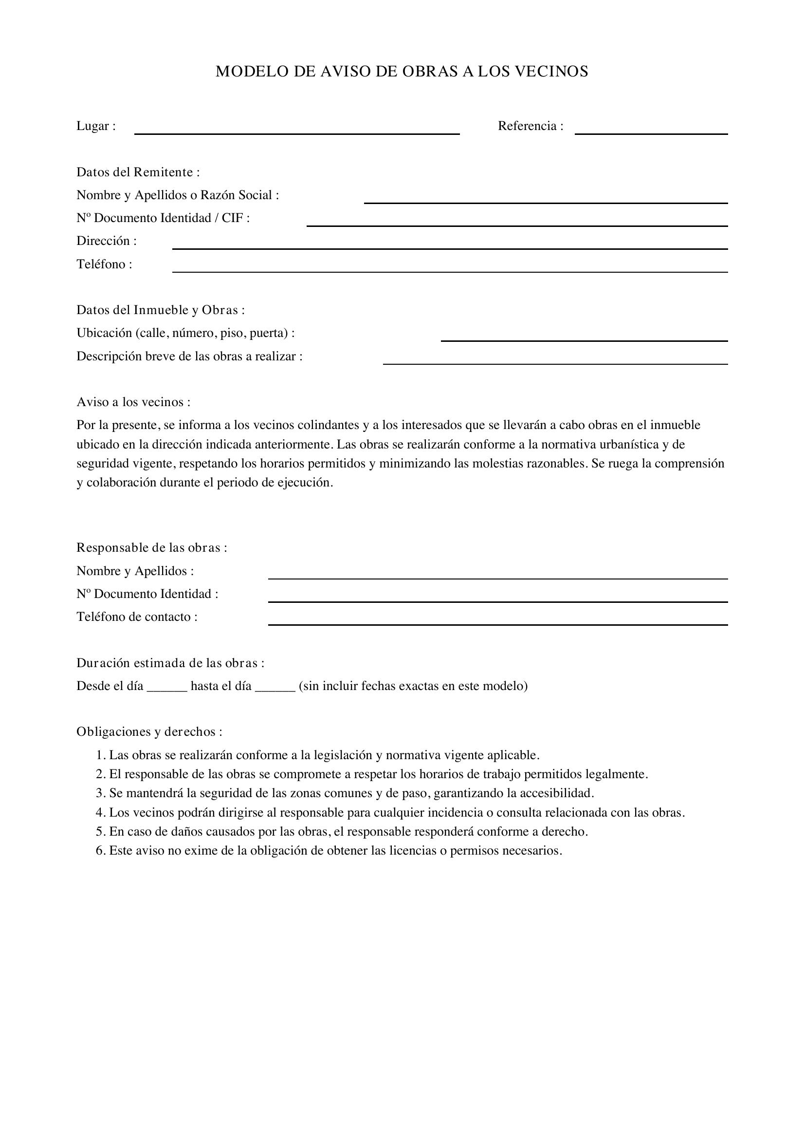Modelo Aviso Obras Vecinos