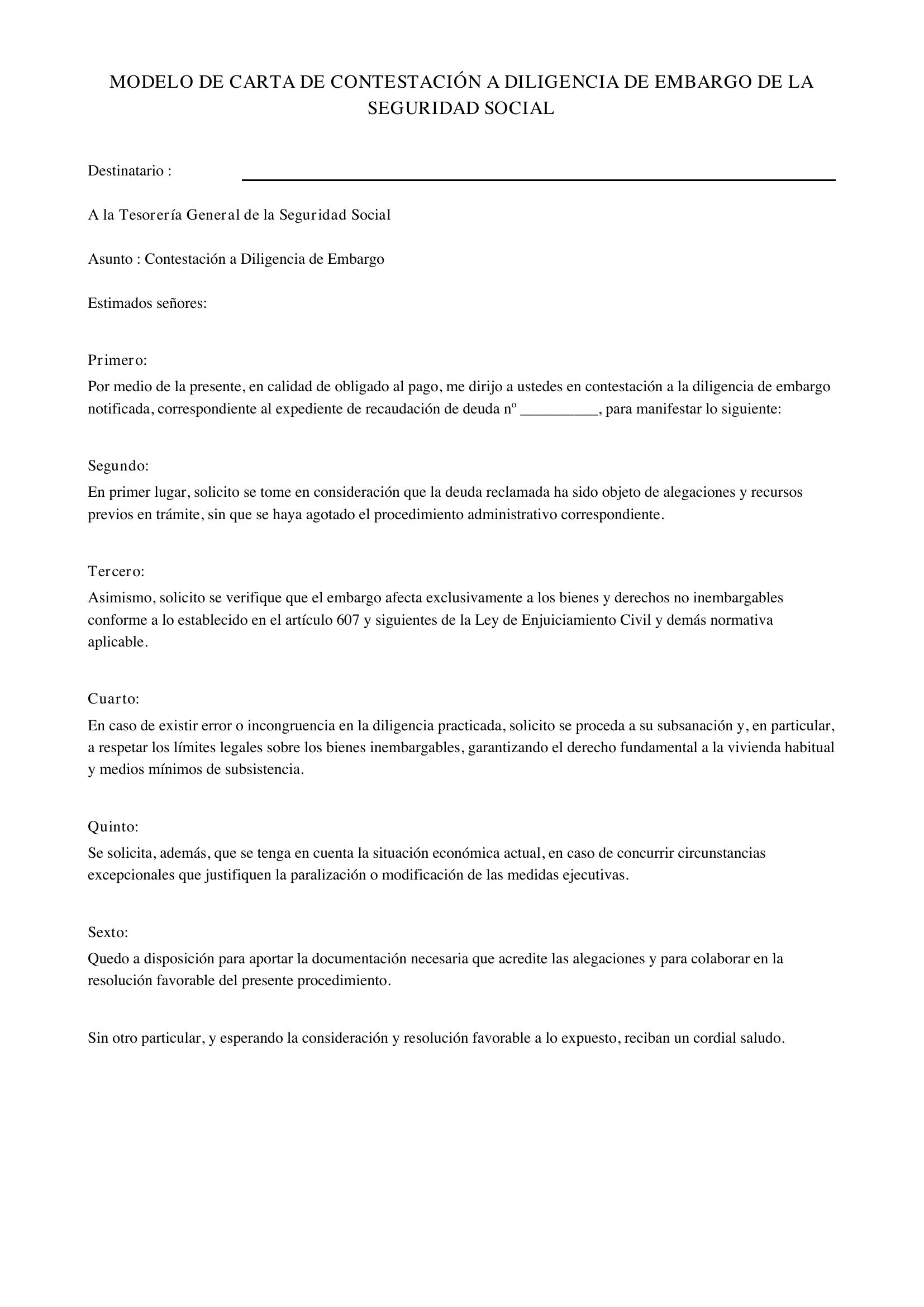 Modelo Carta Contestación Diligencia Embargo Seguridad Social