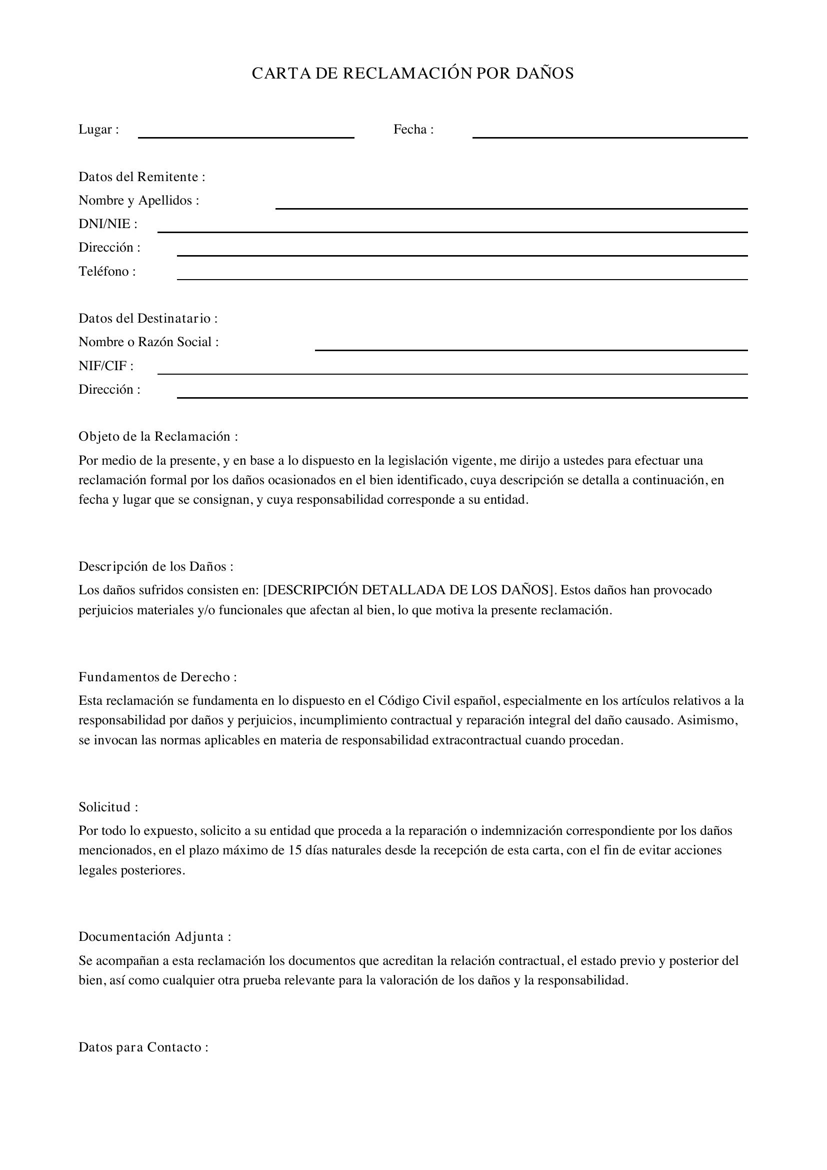 Modelo Carta De Reclamación Por Daños