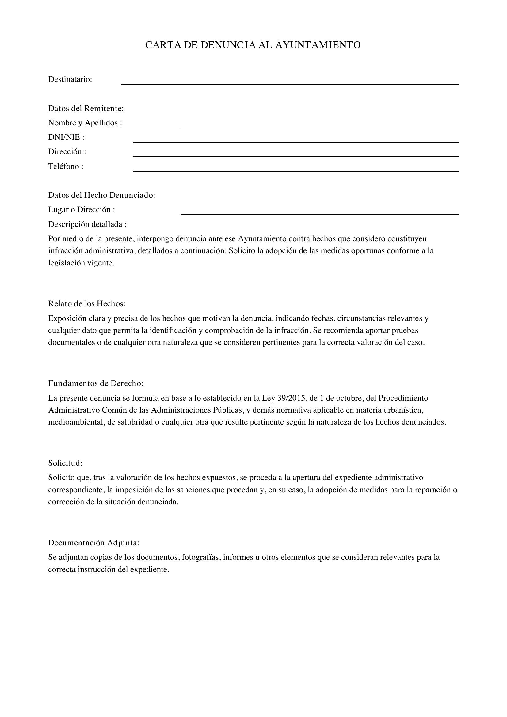 Modelo Carta Denuncia Ayuntamiento