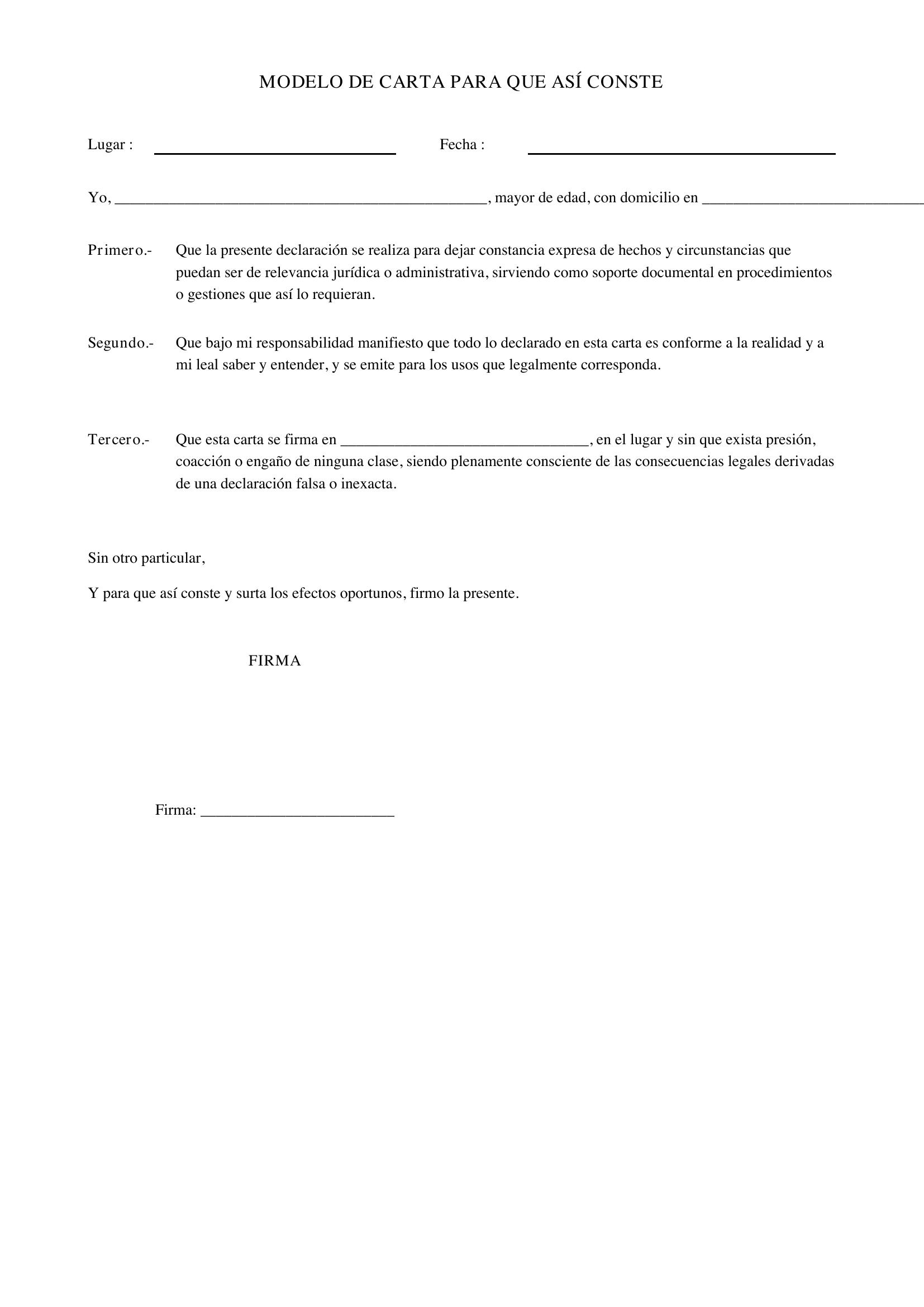 Modelo Carta Para Que Así Conste