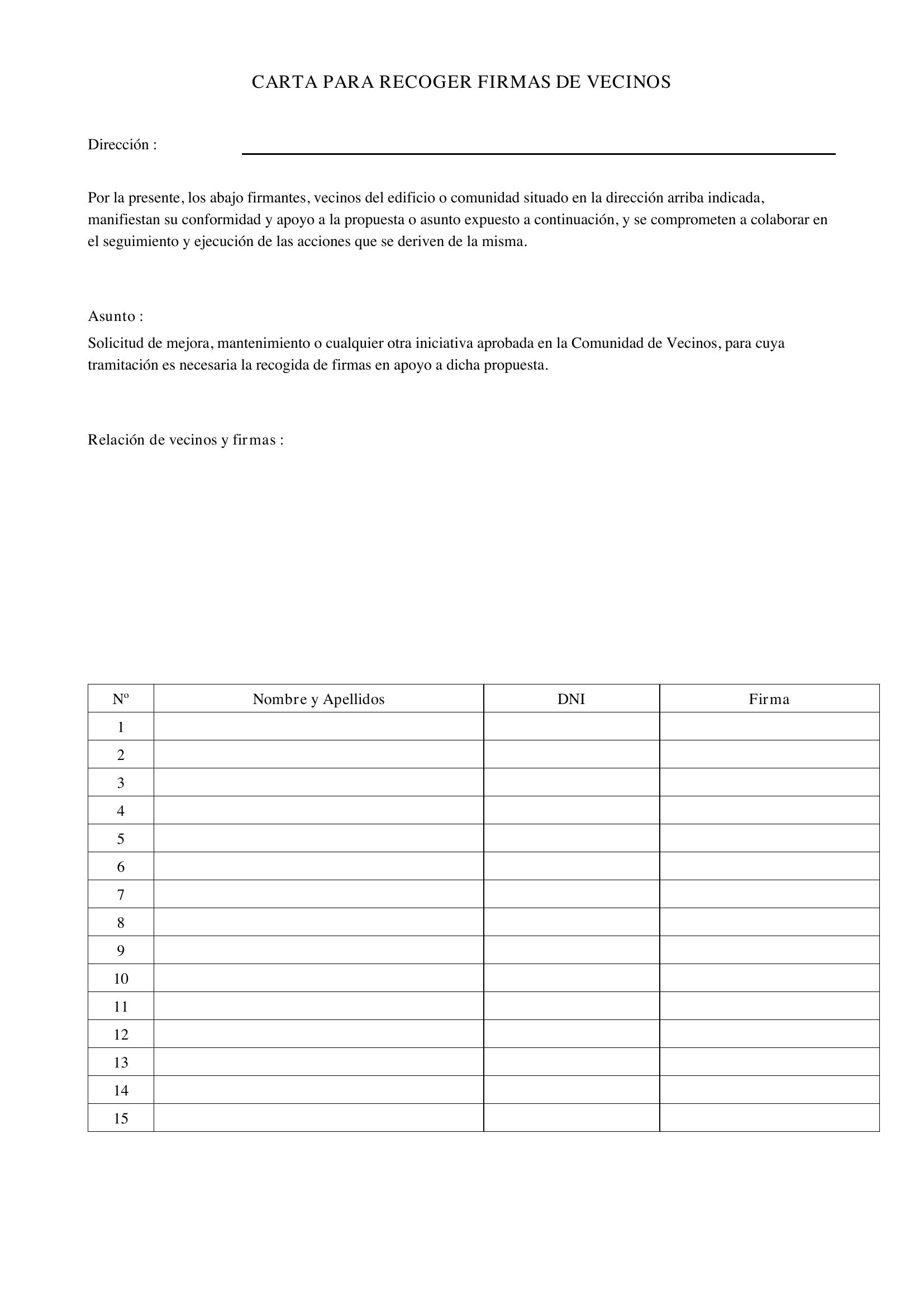 Modelo Carta Para Recoger Firmas Vecinos