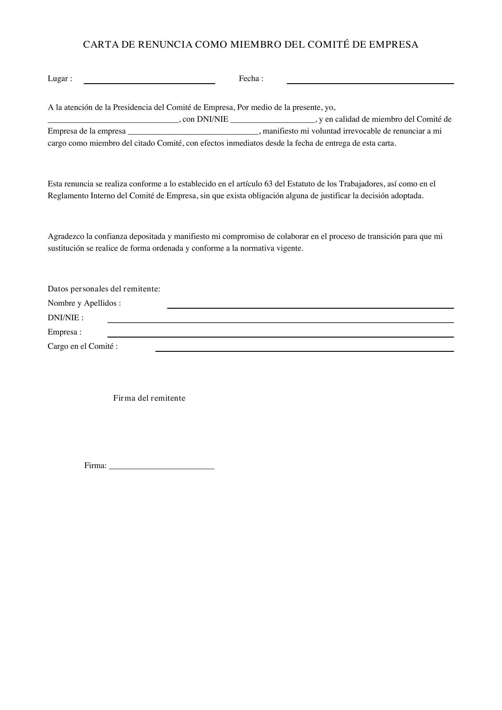 Modelo Carta Renuncia Miembro Comité De Empresa