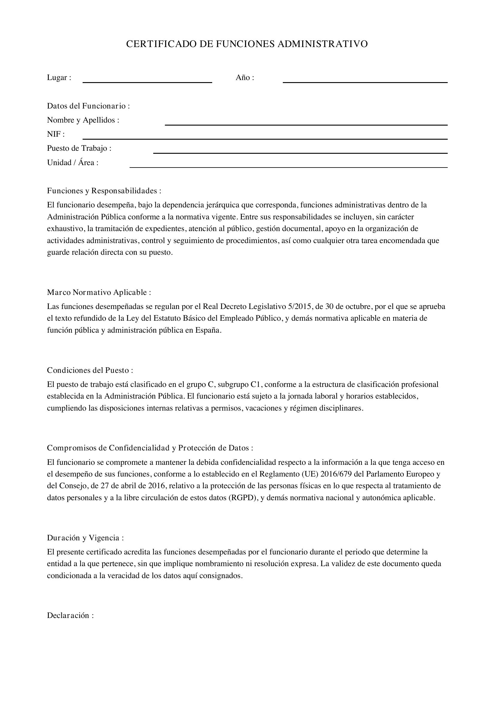 Modelo Certificado De Funciones Administrativo