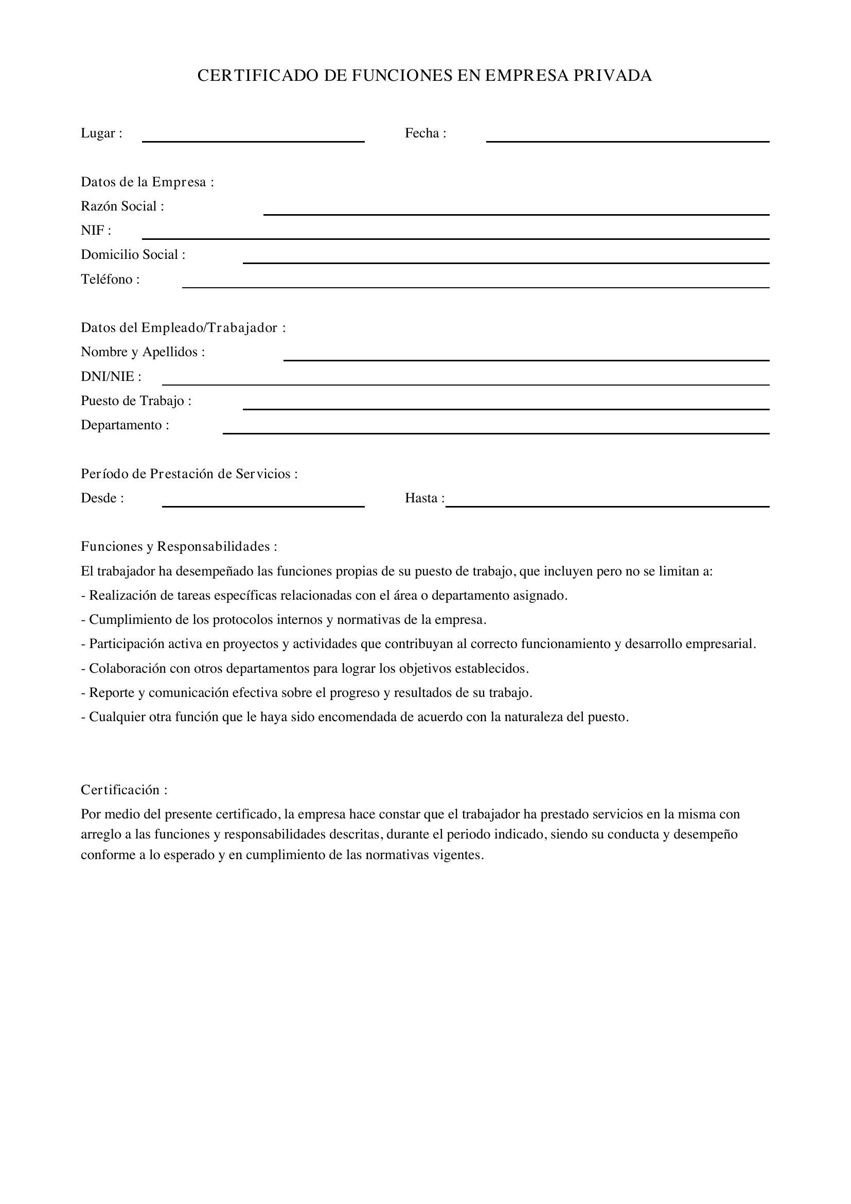 Modelo Certificado De Funciones Empresa Privada