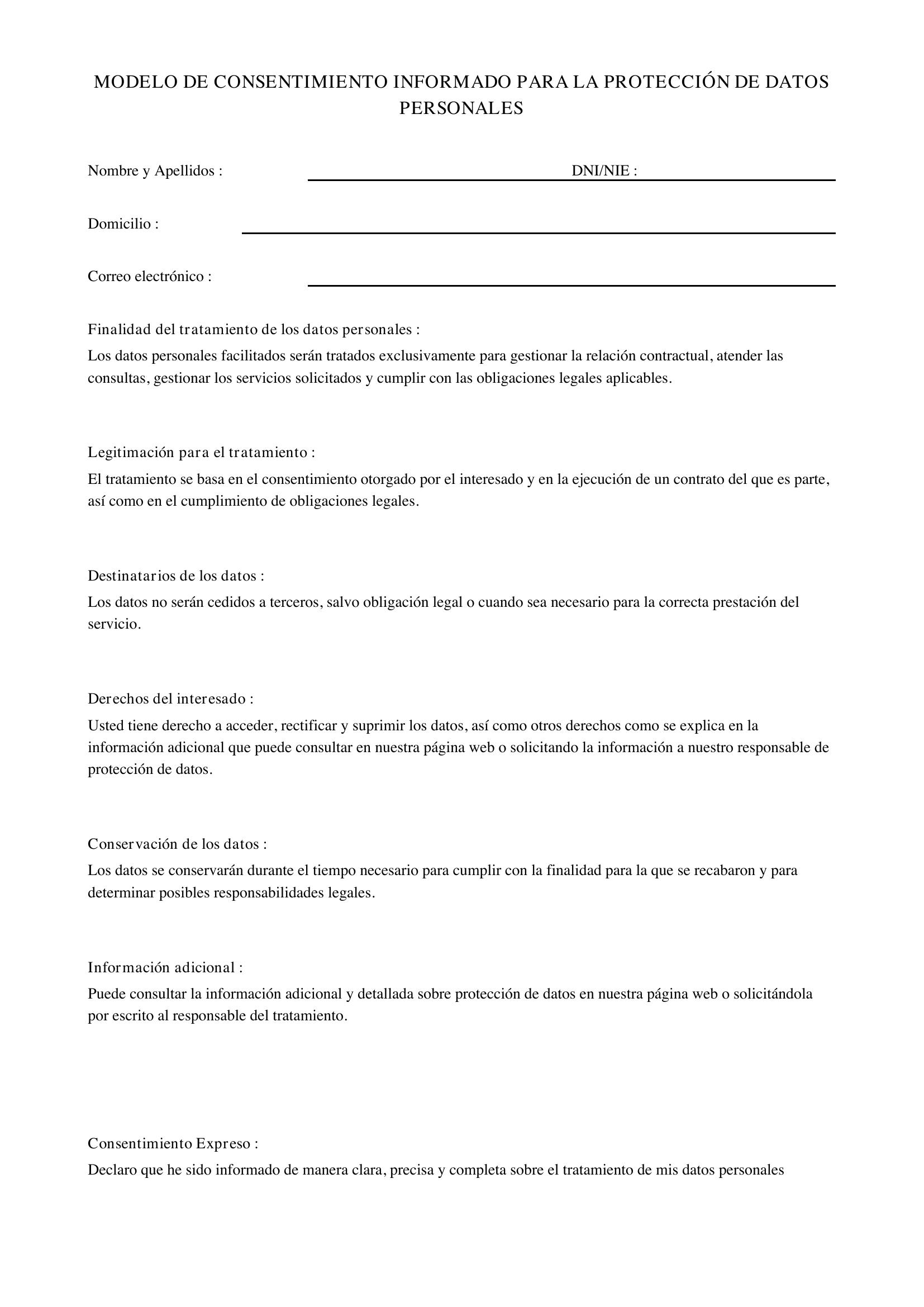 Modelo Consentimiento Protección De Datos