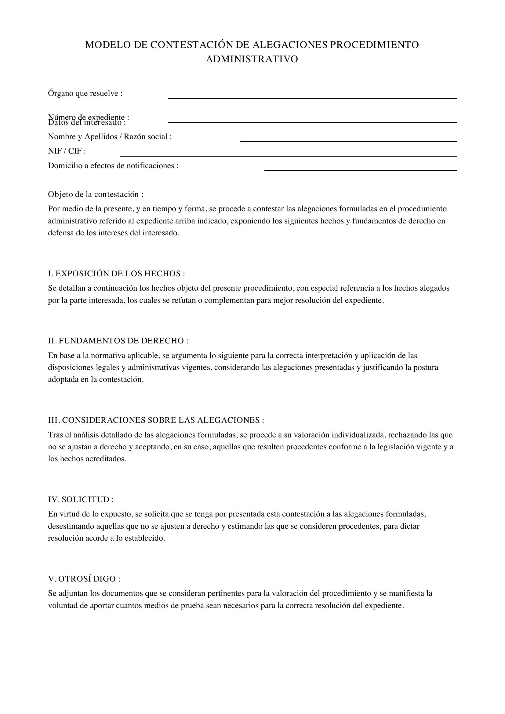 Modelo Contestación Alegaciones Procedimiento Administrativo