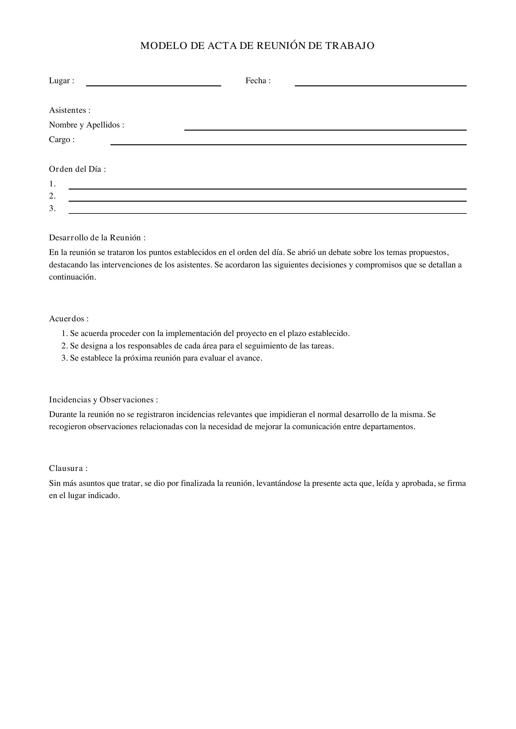 Modelo De Acta De Reunión De Trabajo