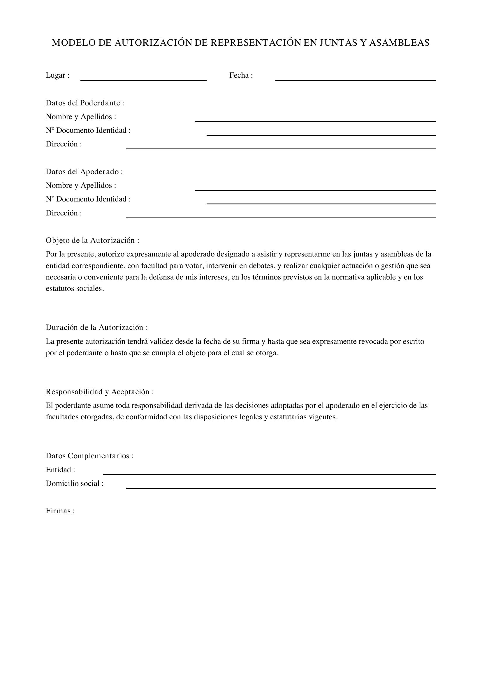 Modelo De Autorización De Representación En Juntas Y Asambleas