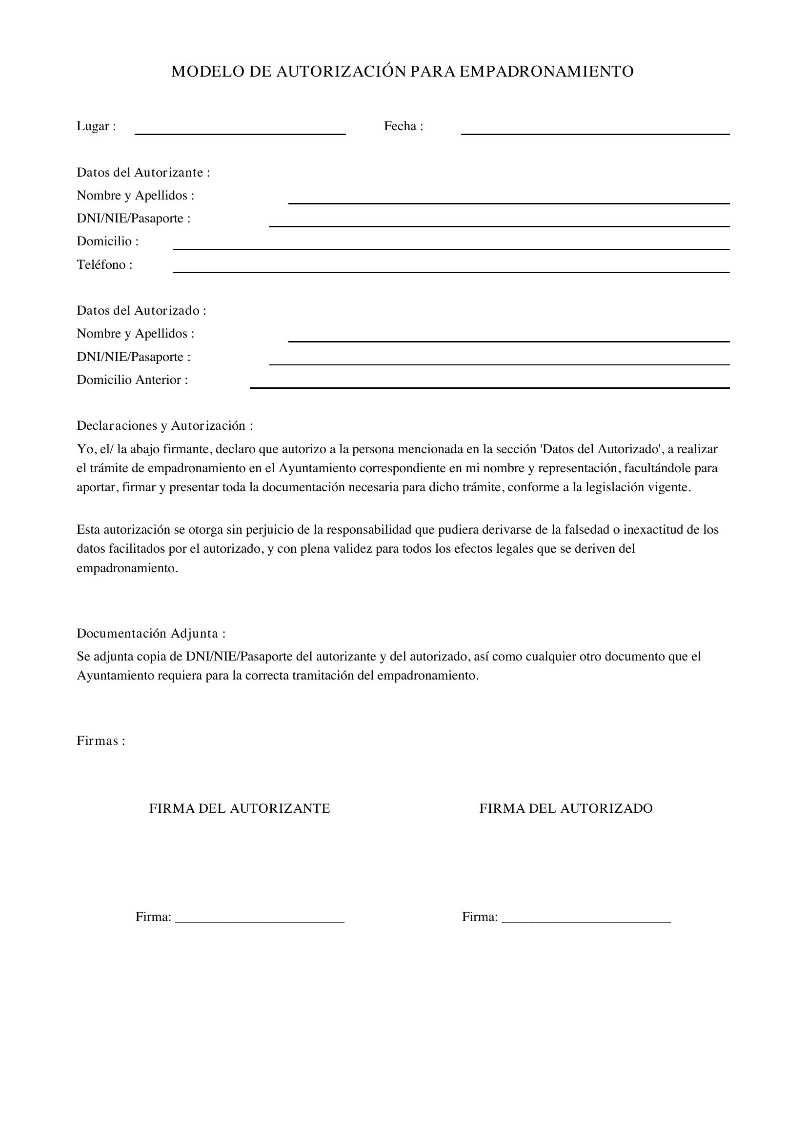 Modelo De Autorización Para Empadronamiento