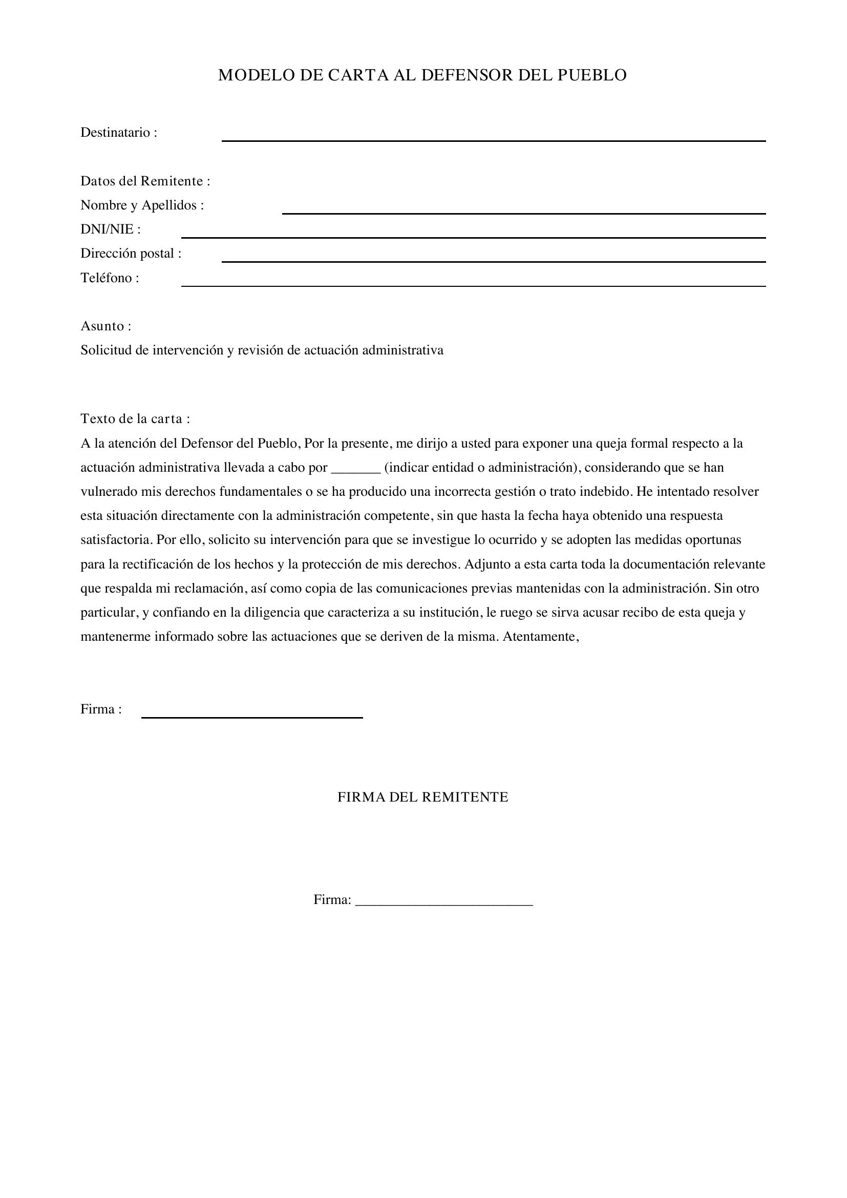 Modelo De Carta Al Defensor Del Pueblo