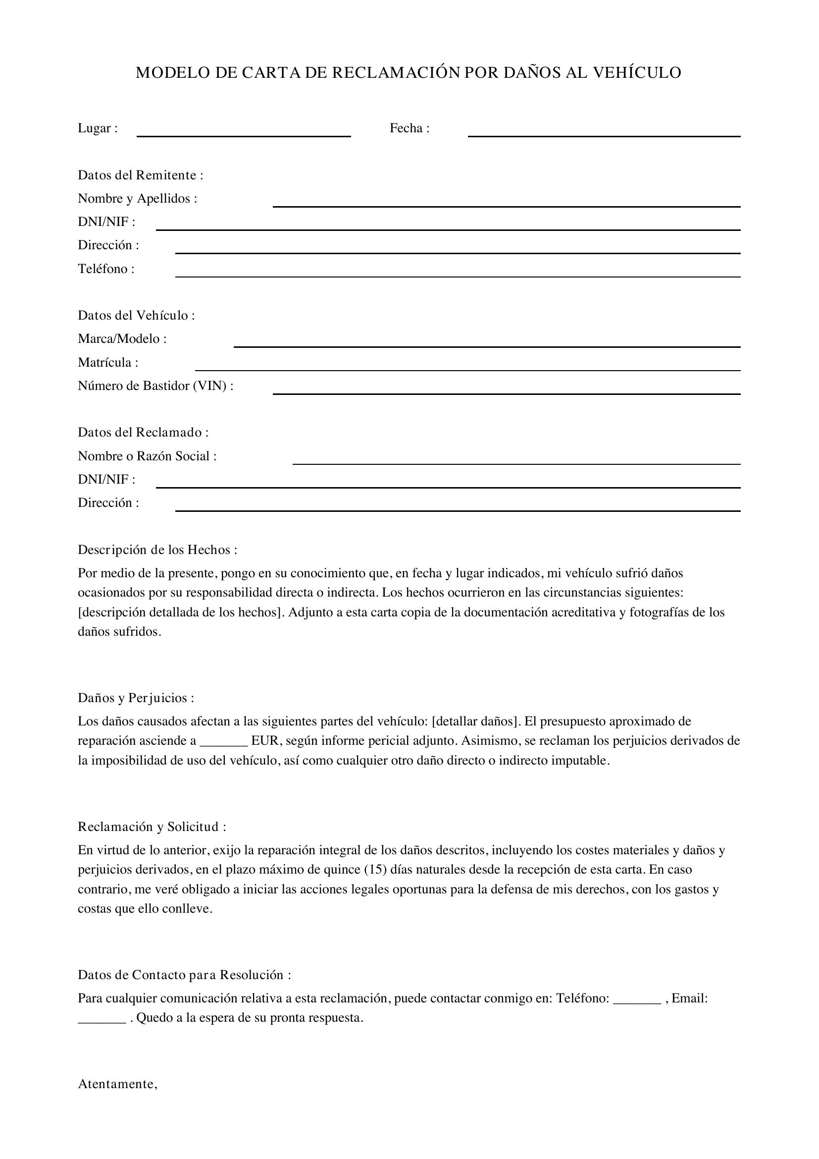 Modelo De Carta De Reclamación Por Daños Al Vehículo