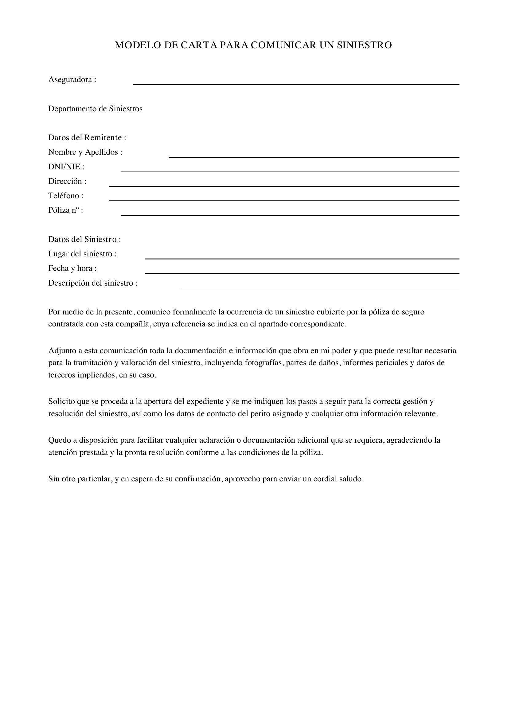 Modelo De Carta Para Comunicar Un Siniestro