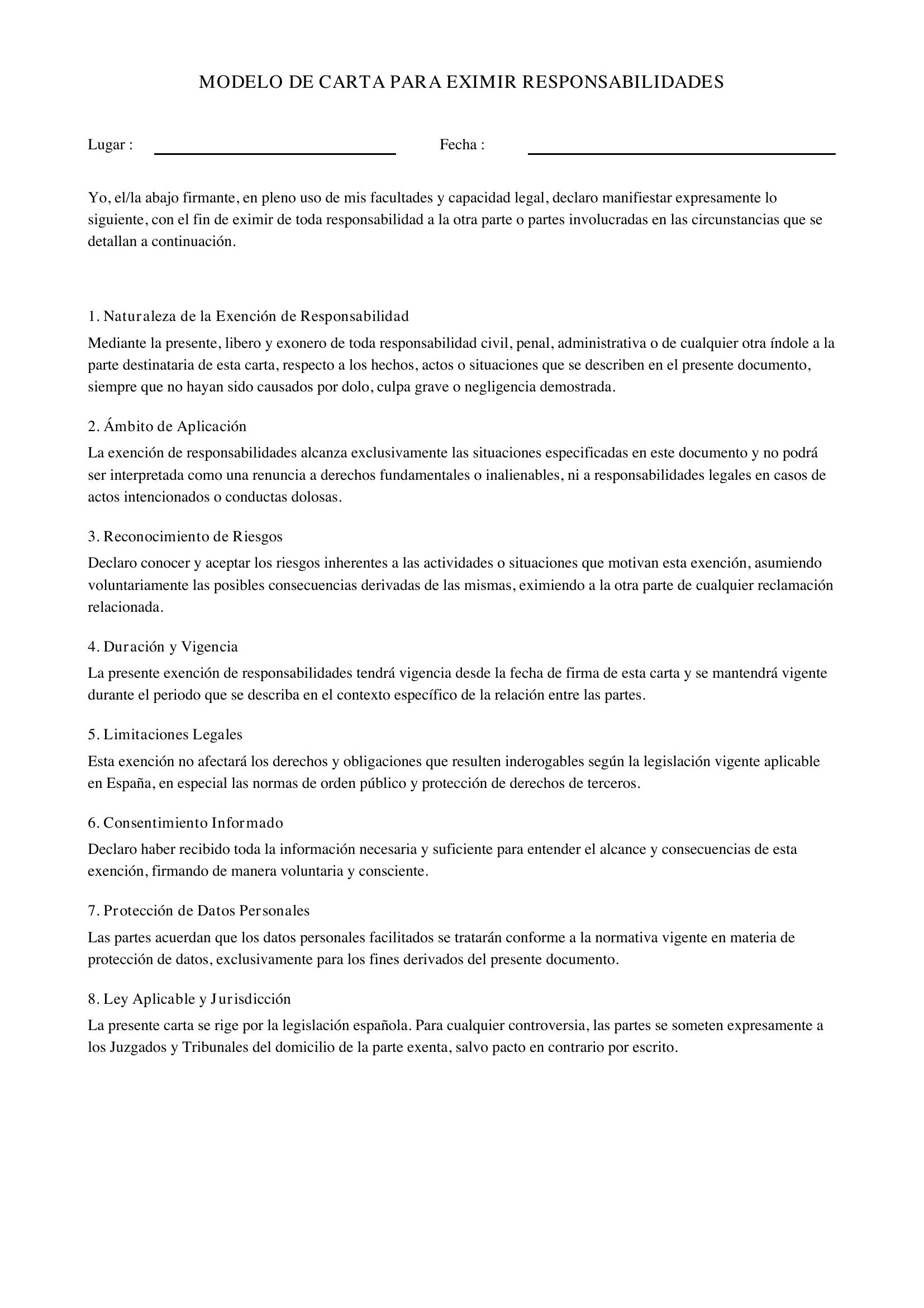 Modelo De Carta Para Eximir Responsabilidades