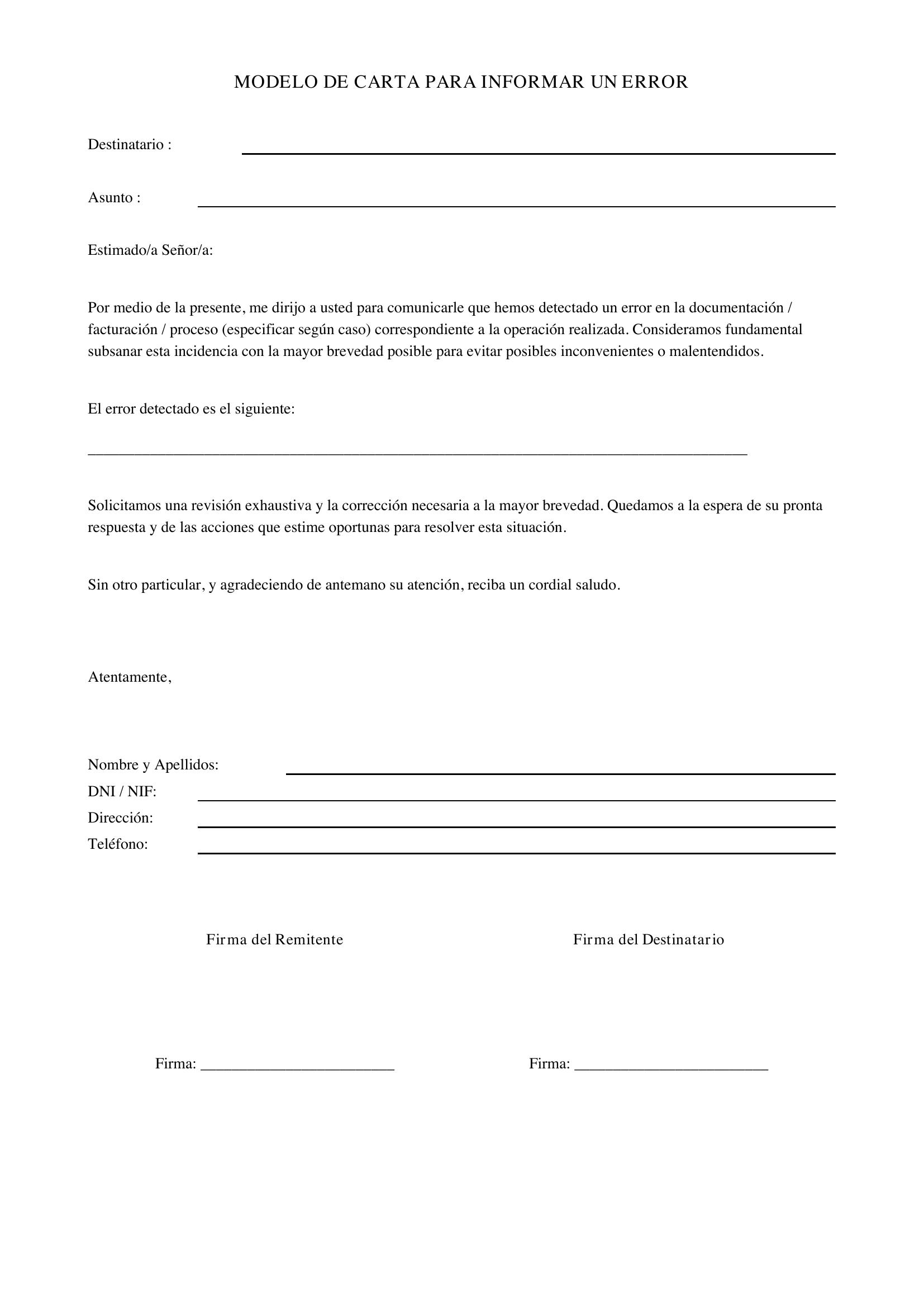 Modelo De Carta Para Informar Un Error