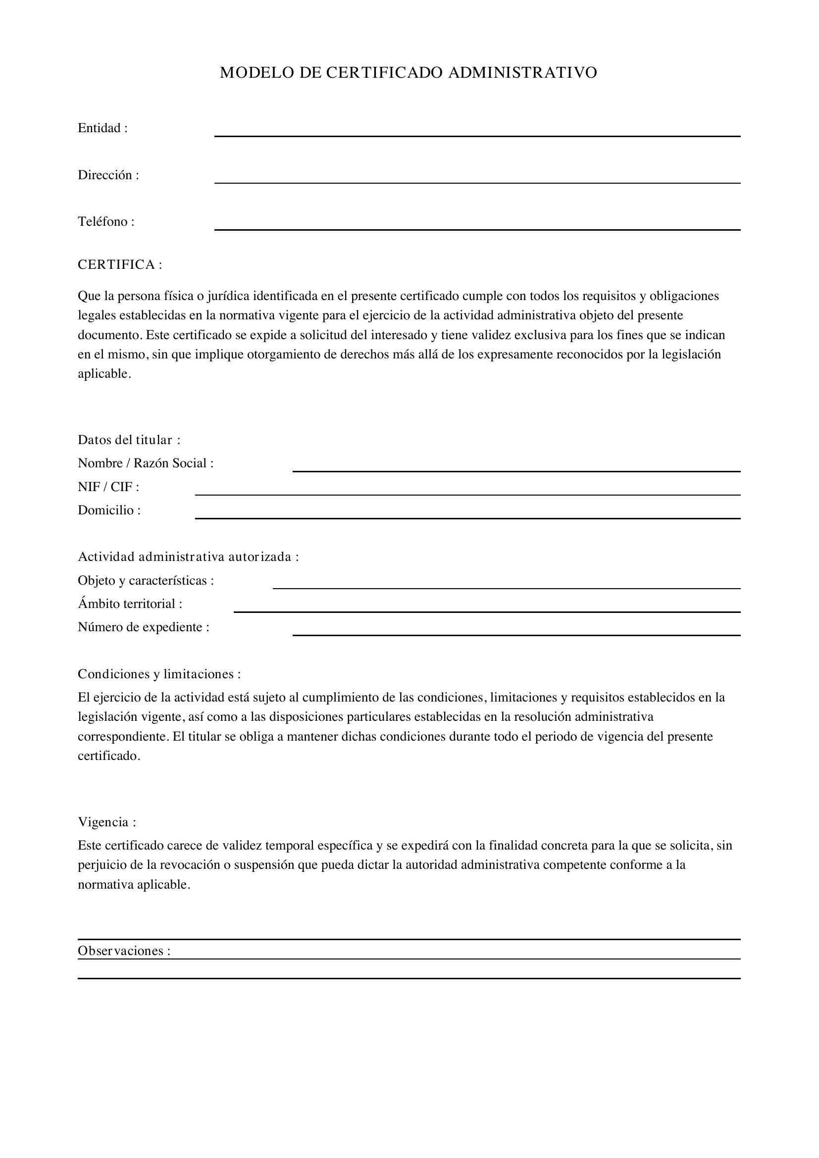 Modelo De Certificado Administrativo