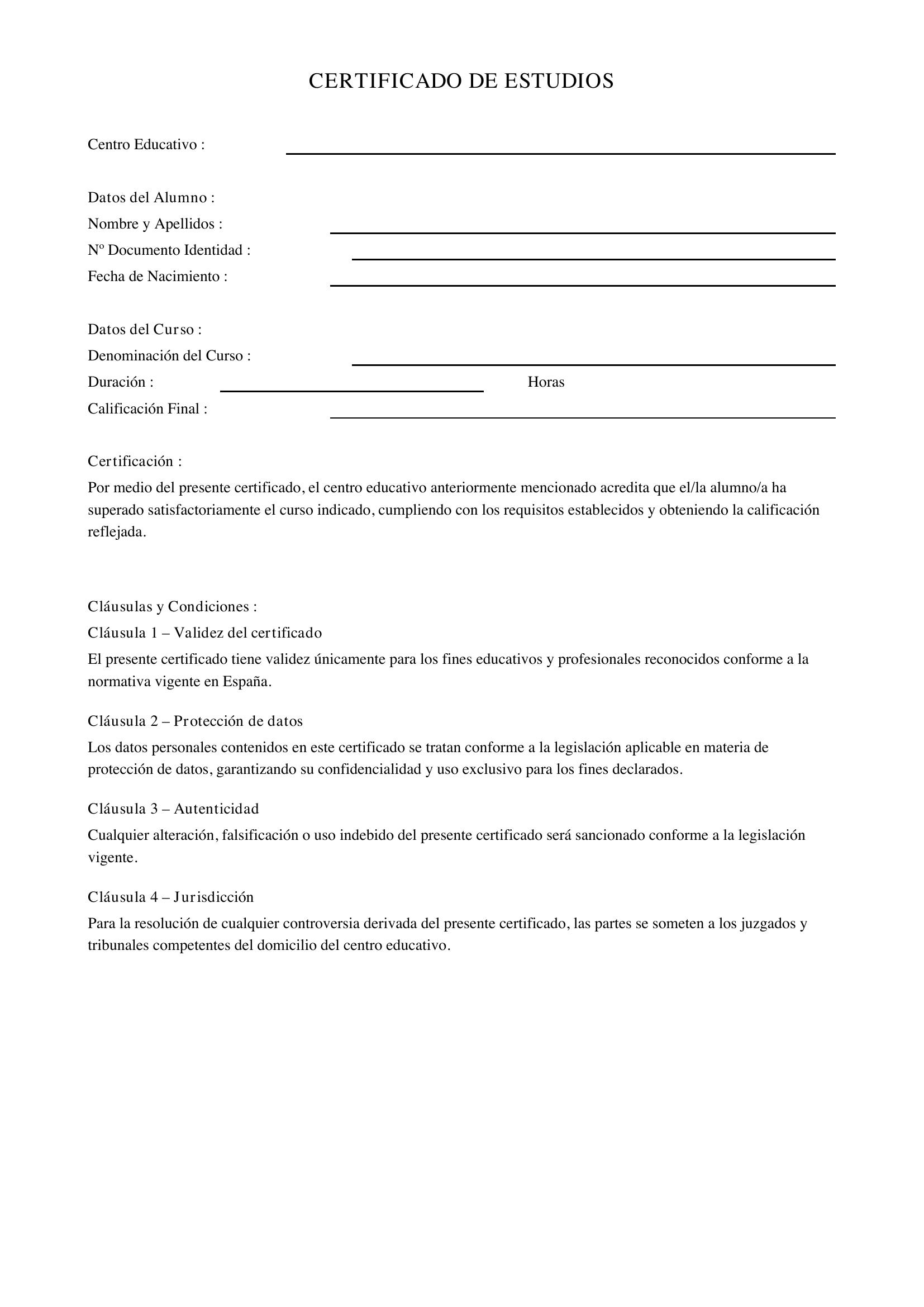Modelo De Certificado De Estudios