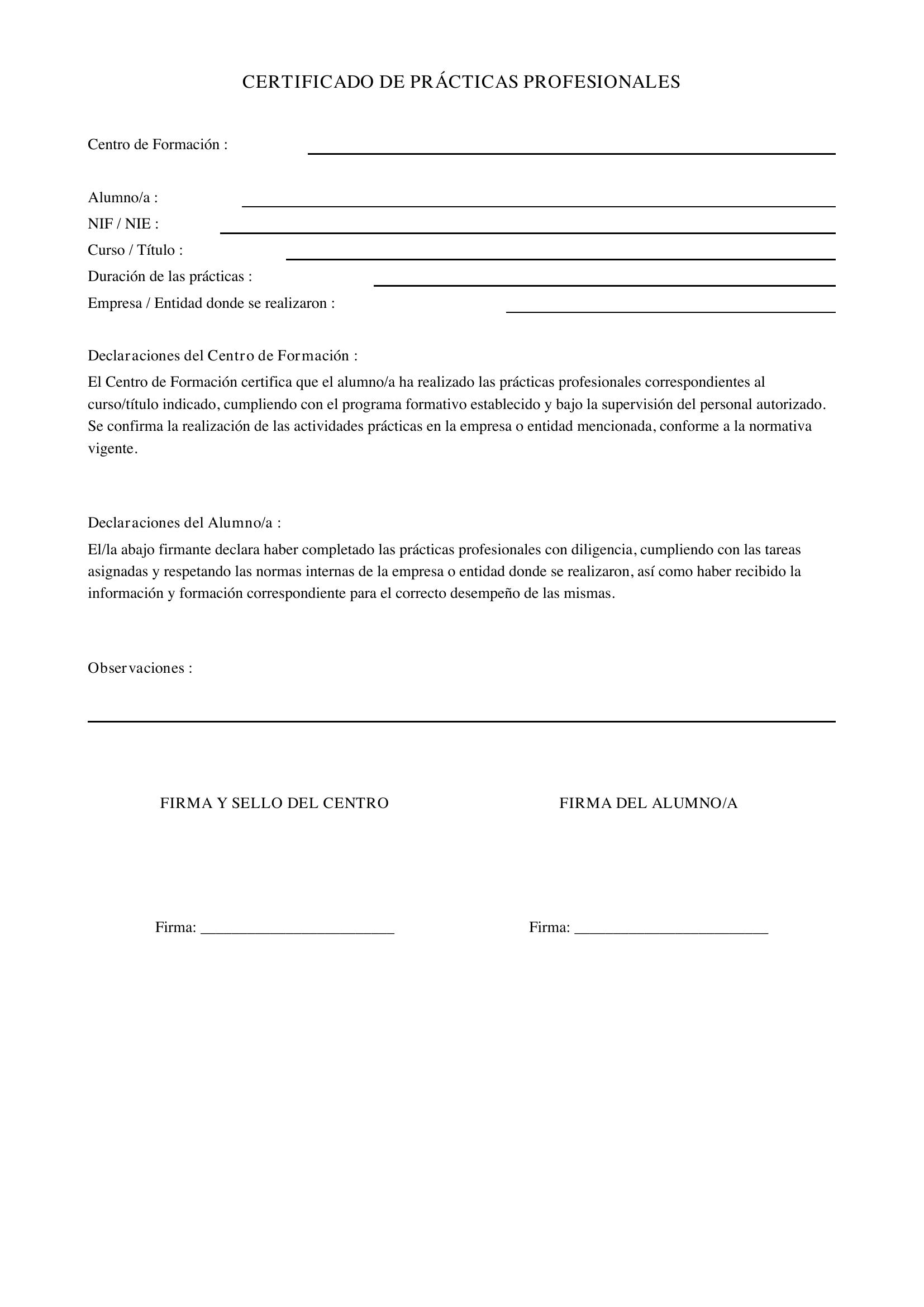 Modelo De Certificado De Prácticas Profesionales