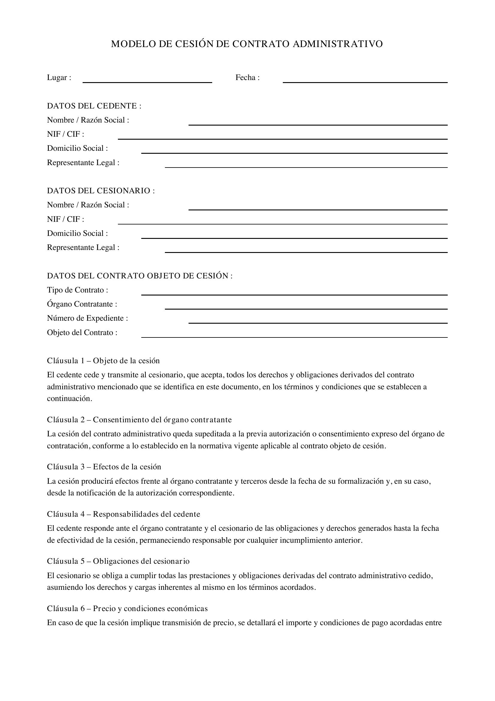 Modelo De Cesión De Contrato Administrativo