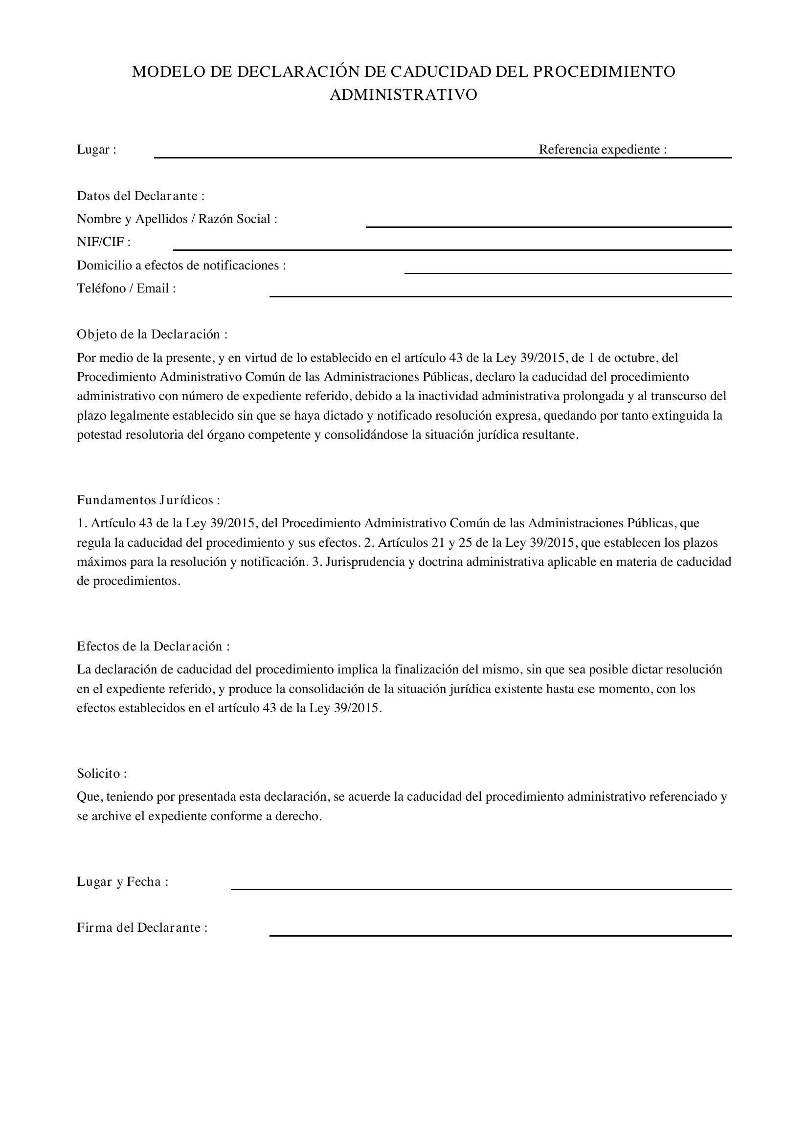 Modelo De Declaración De Caducidad Del Procedimiento Administrativo