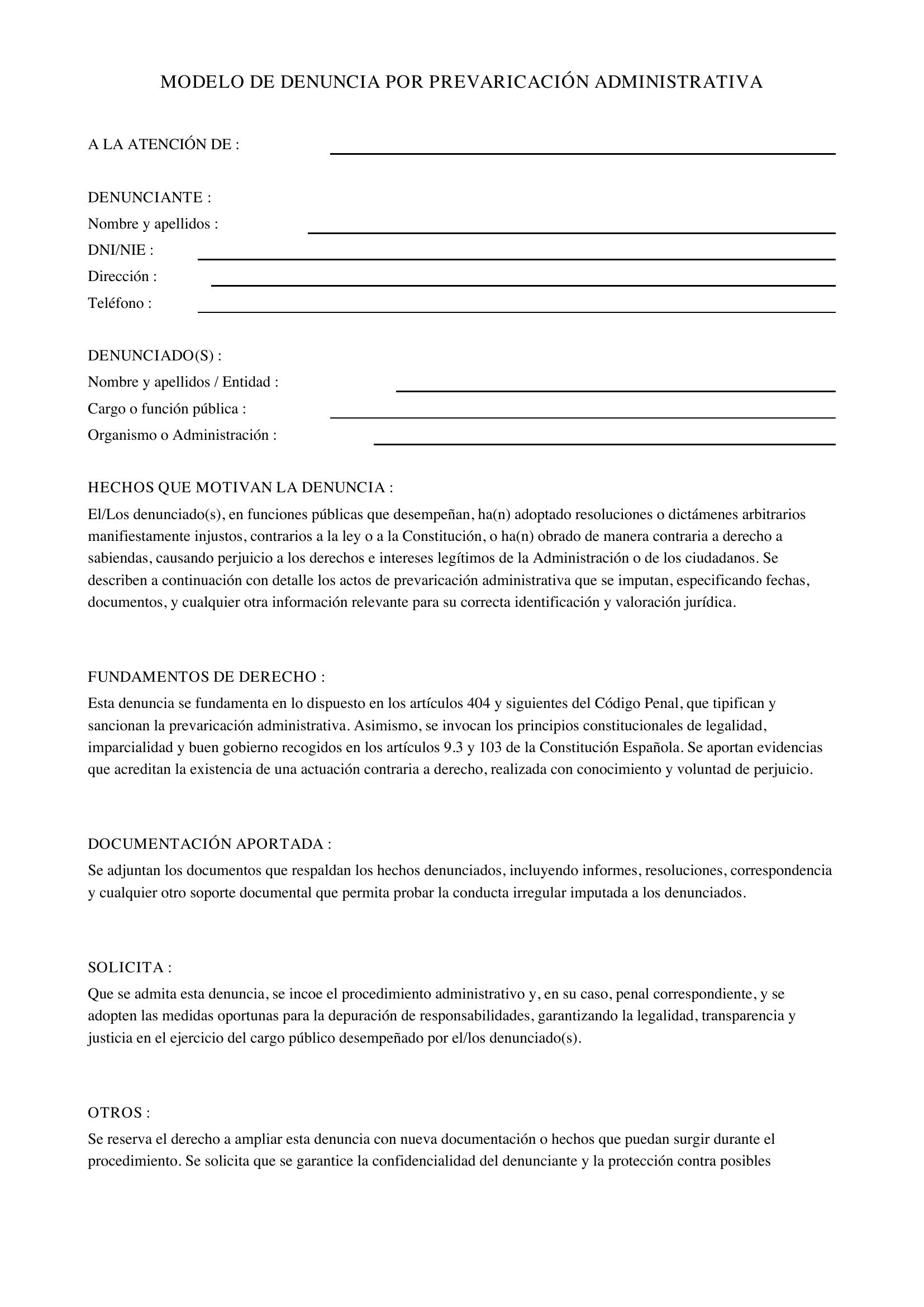 Modelo De Denuncia Por Prevaricación Administrativa
