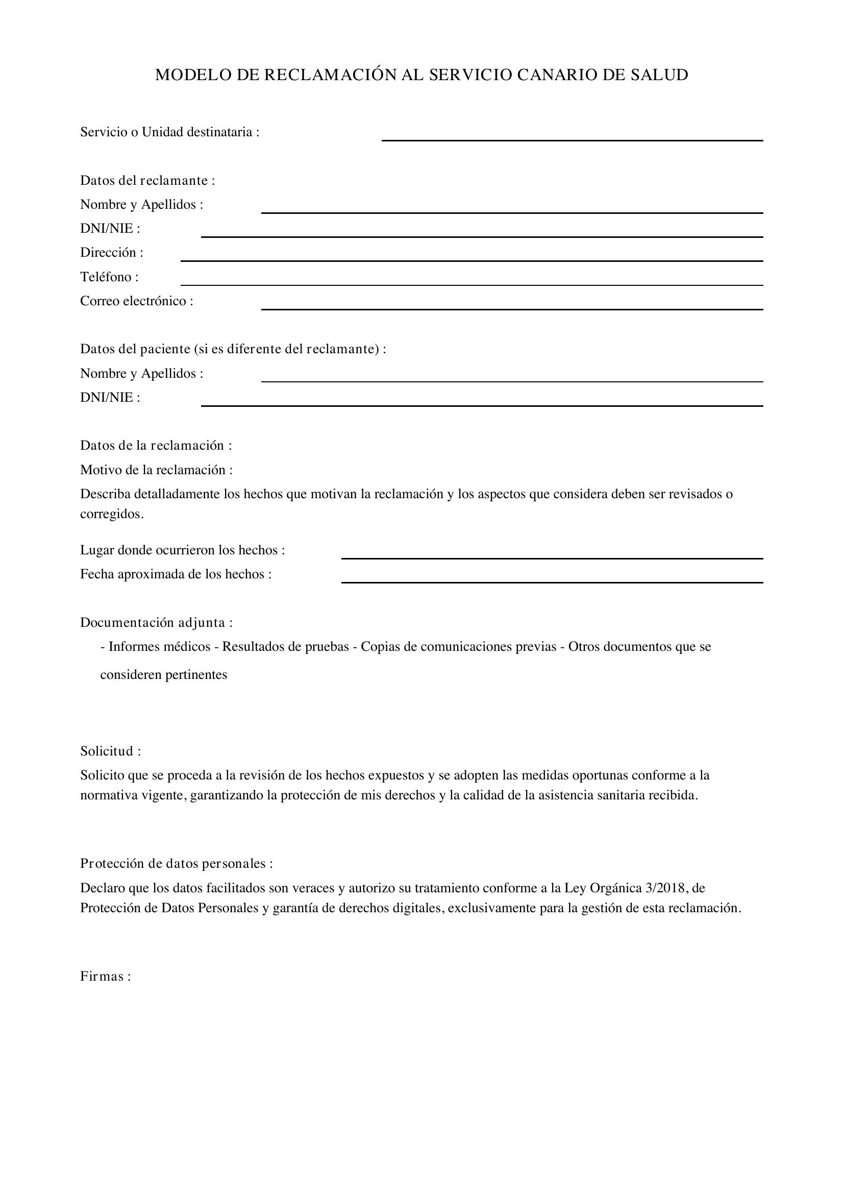 Modelo De Reclamación Al Servicio Canario De Salud