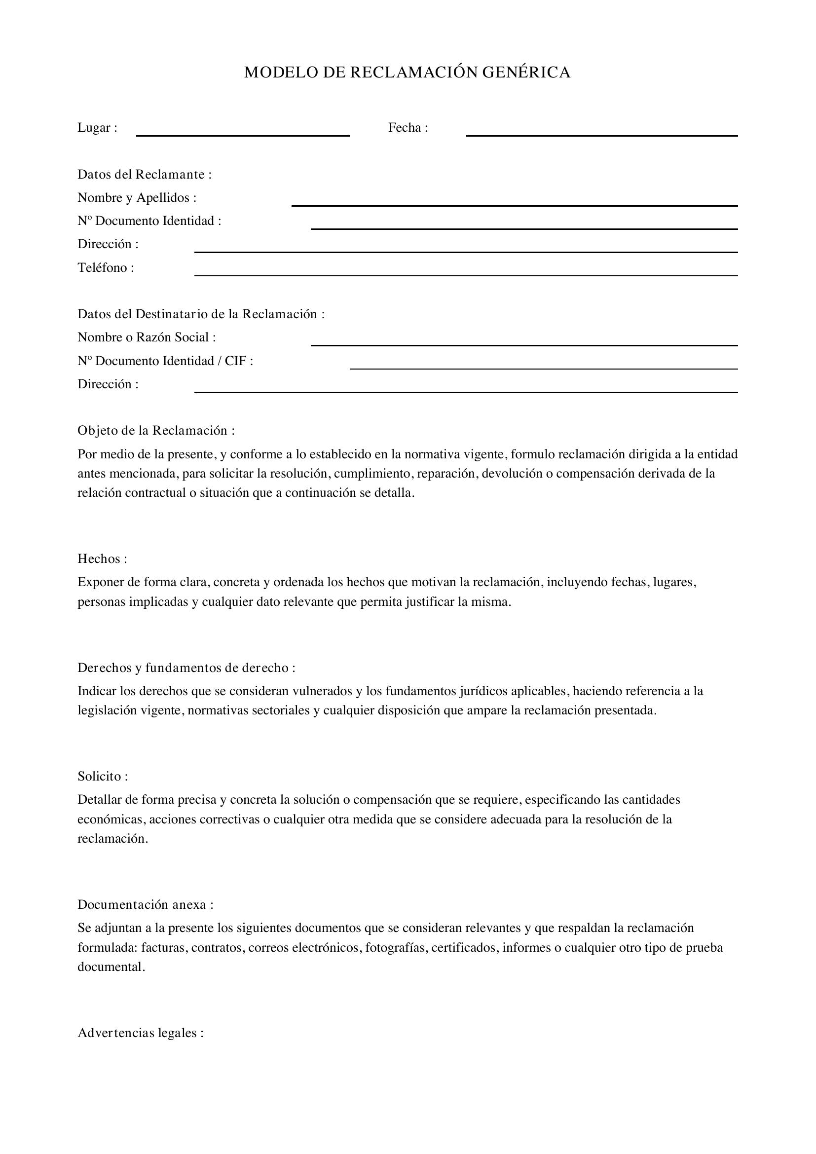 Modelo De Reclamación Genérica