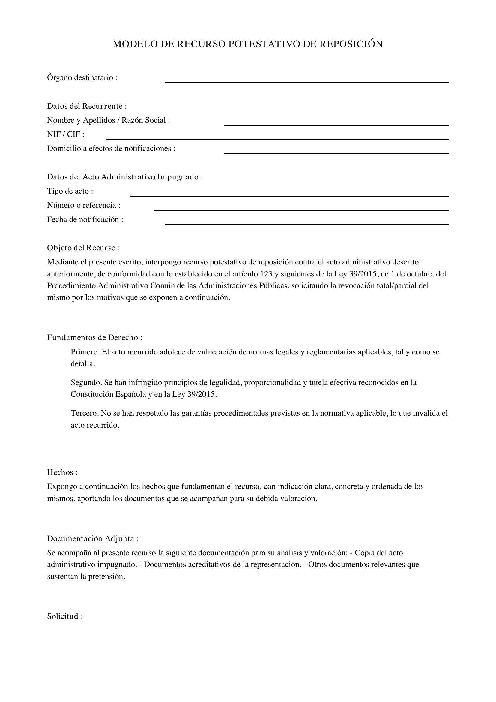Modelo De Recurso Potestativo De Reposición