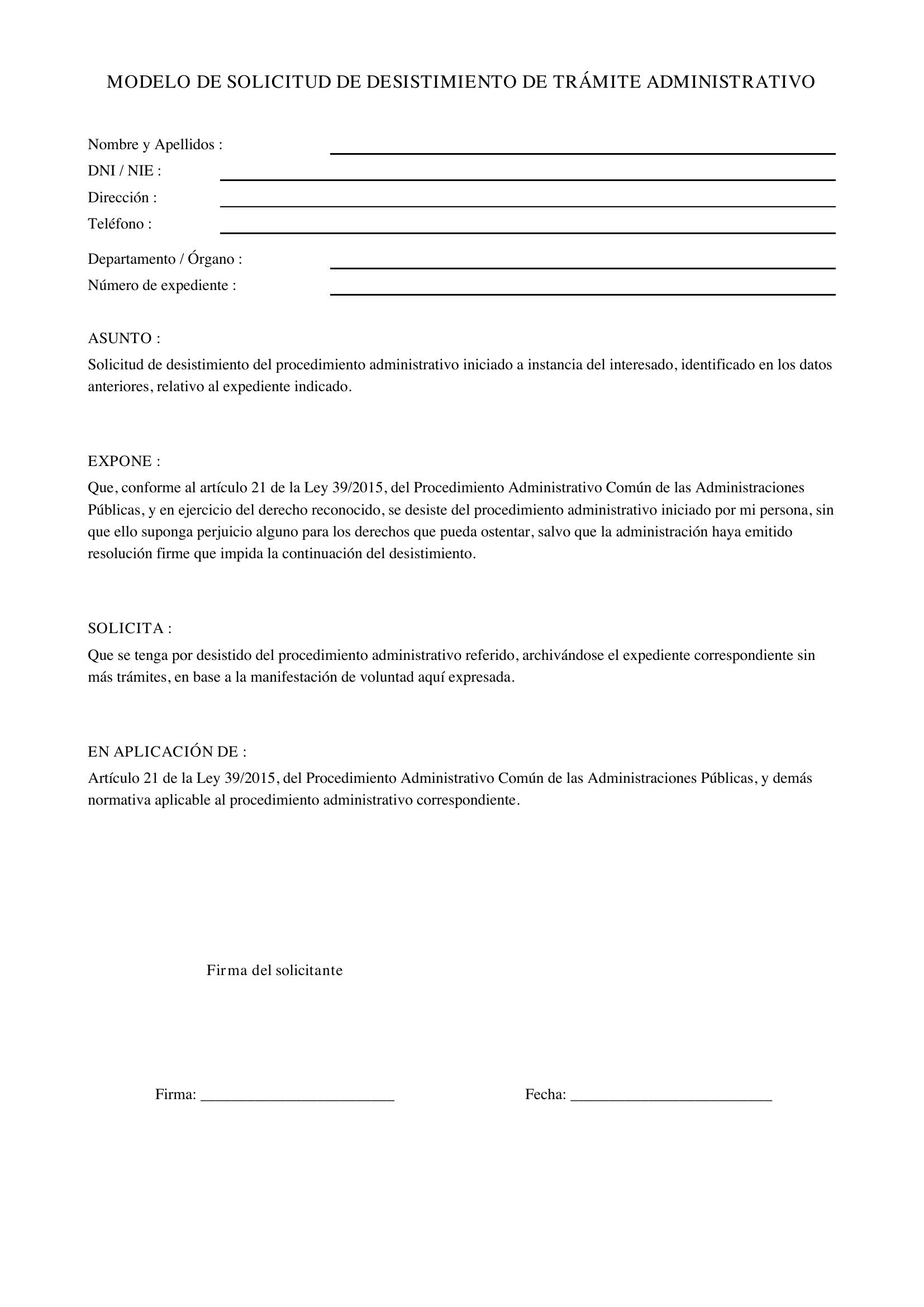 Modelo De Solicitud De Desistimiento De Trámite Administrativo