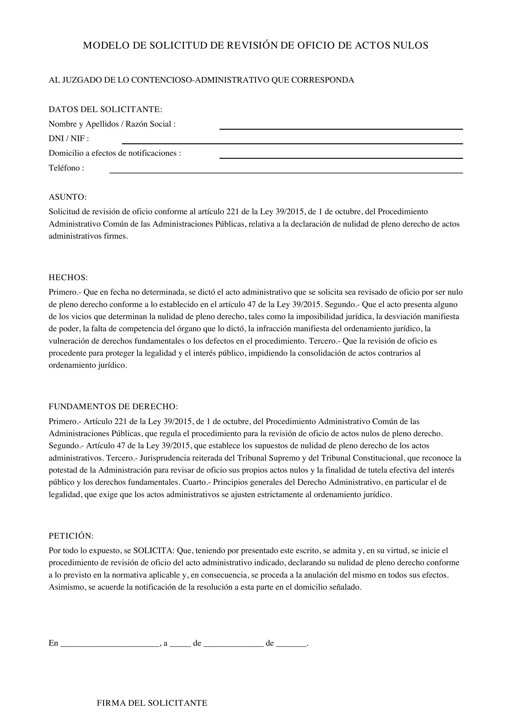 Modelo De Solicitud De Revisión De Oficio De Actos Nulos