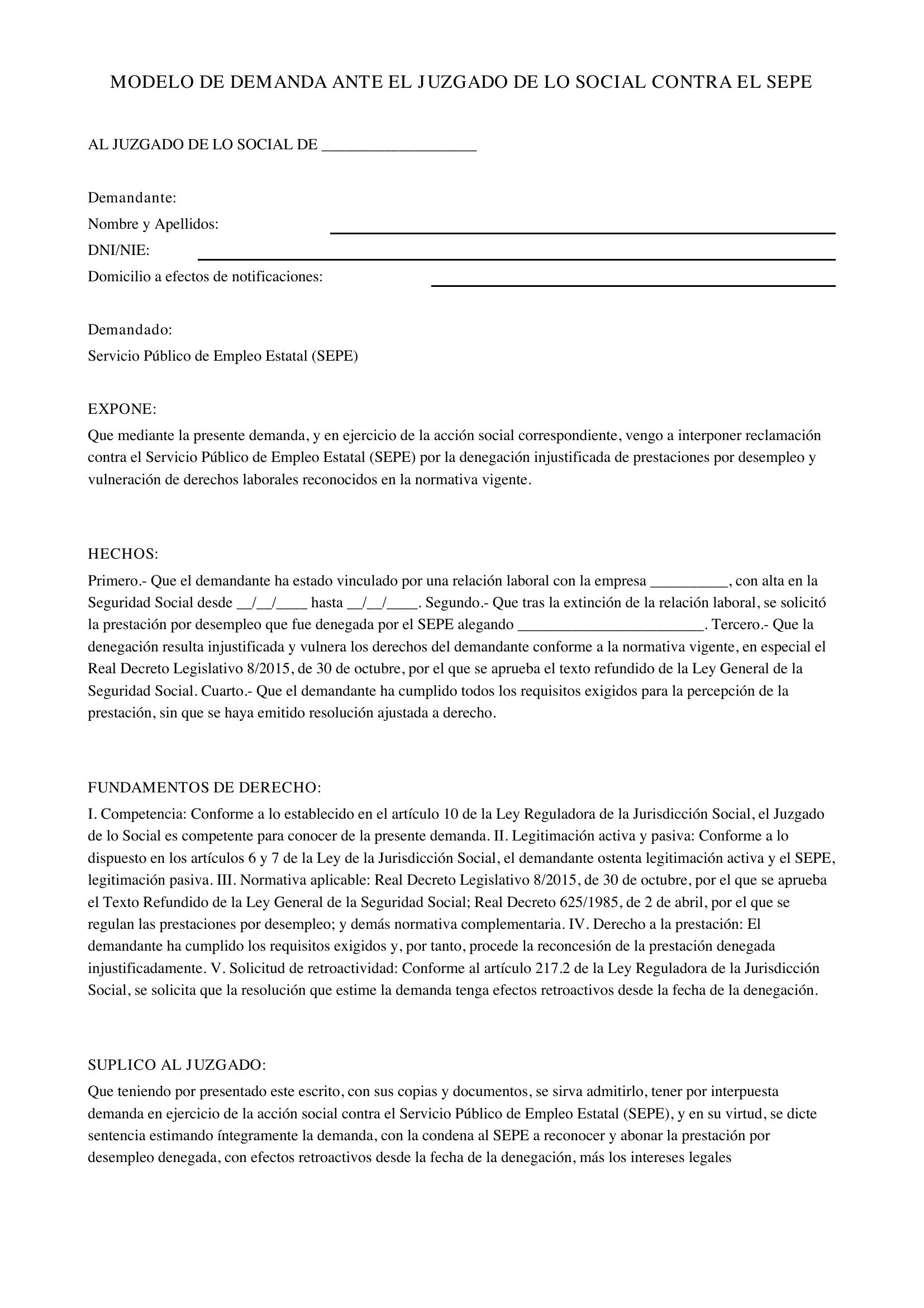 Modelo Demanda Ante El Juzgado De Lo Social Contra El Sepe