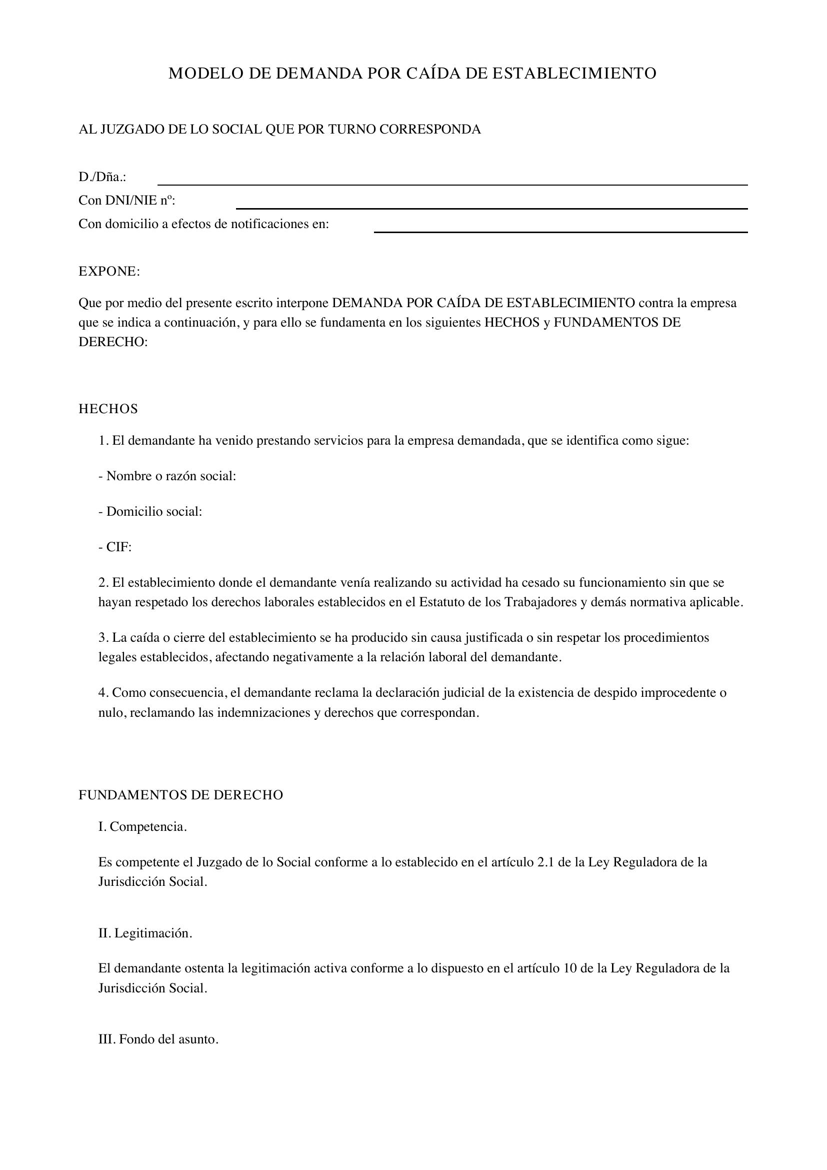 Modelo Demanda Caída Establecimiento