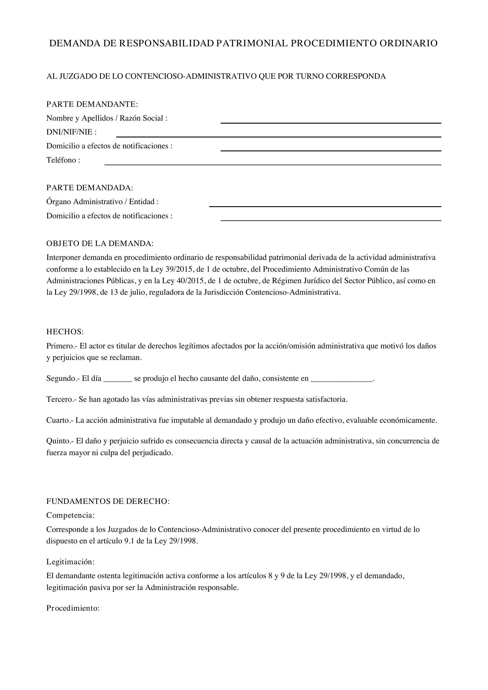 Modelo Demanda Responsabilidad Patrimonial Procedimiento Ordinario