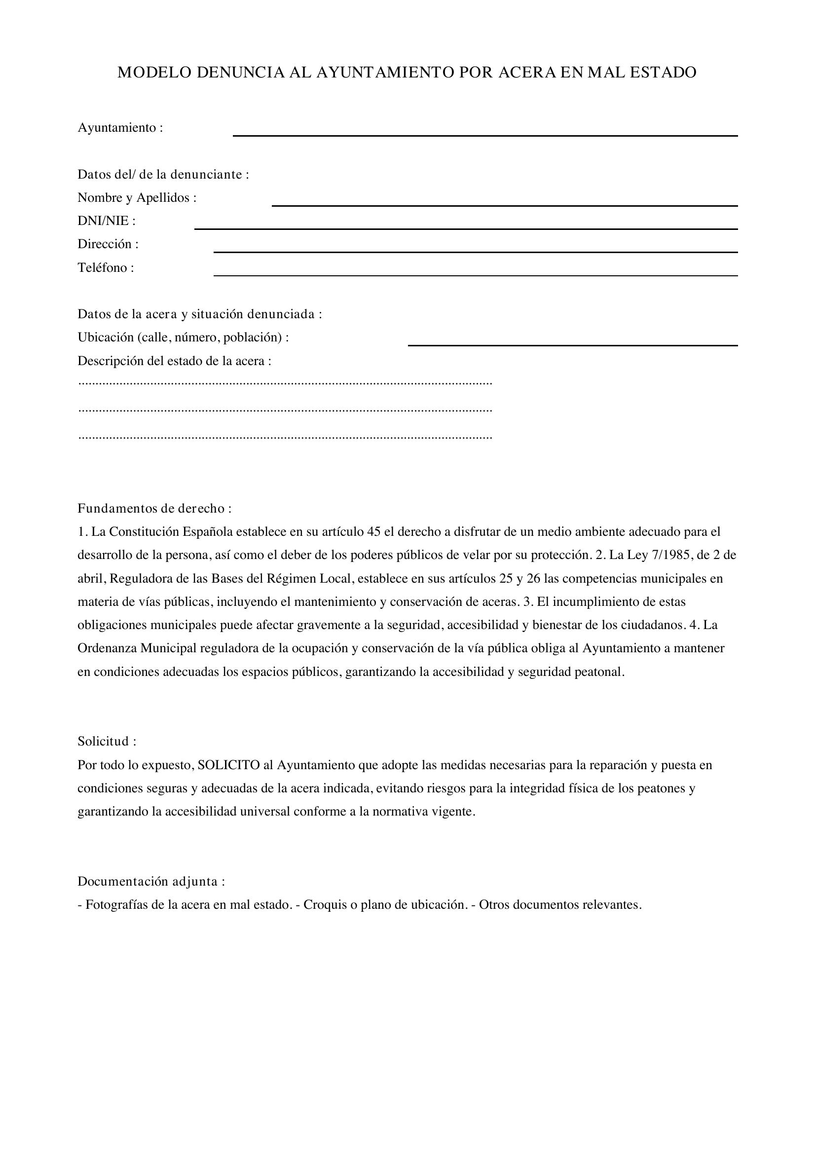 Modelo Denuncia Al Ayuntamiento Por Acera En Mal Estado