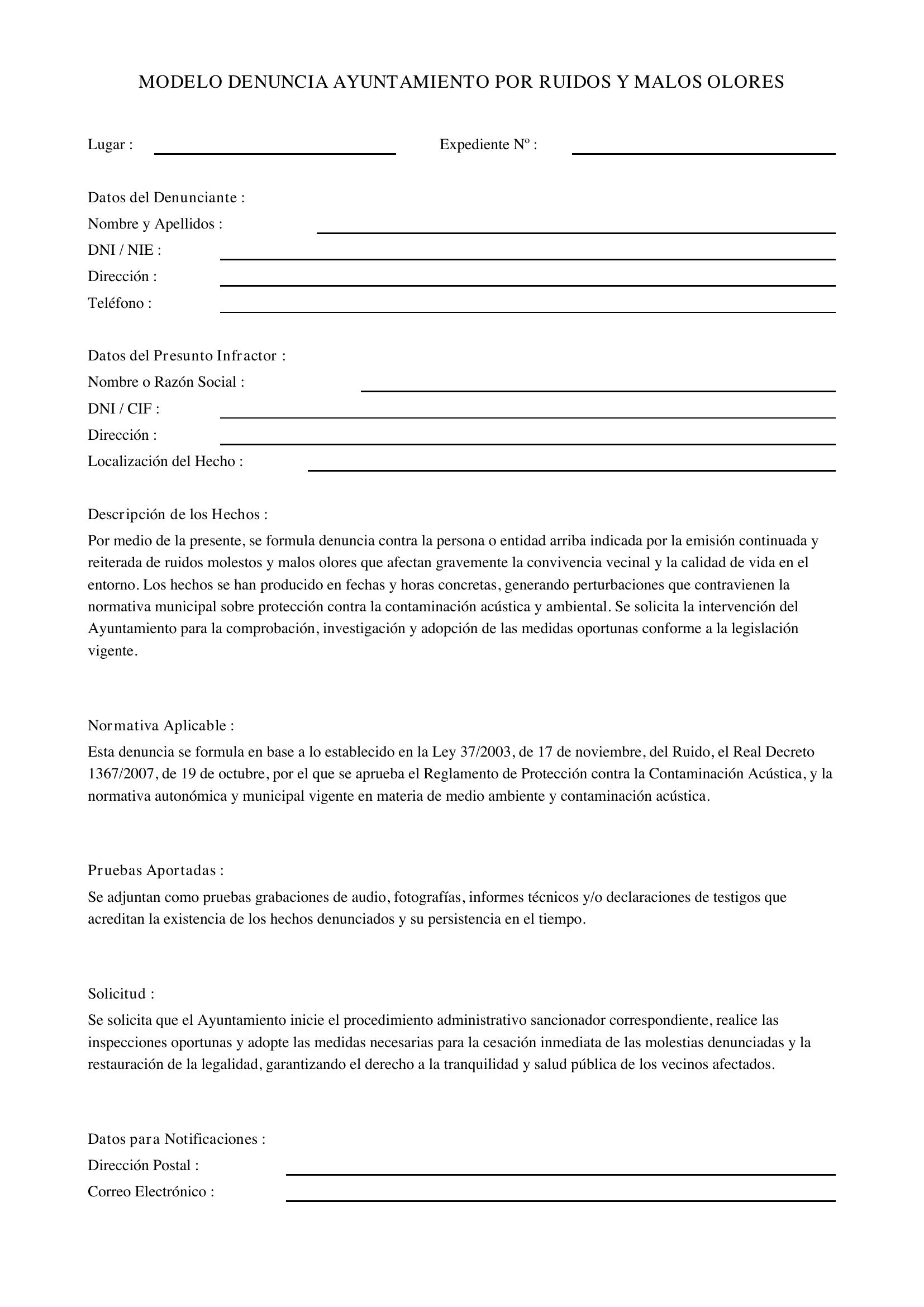 Modelo Denuncia Ayuntamiento Por Ruidos Y Malos Olores