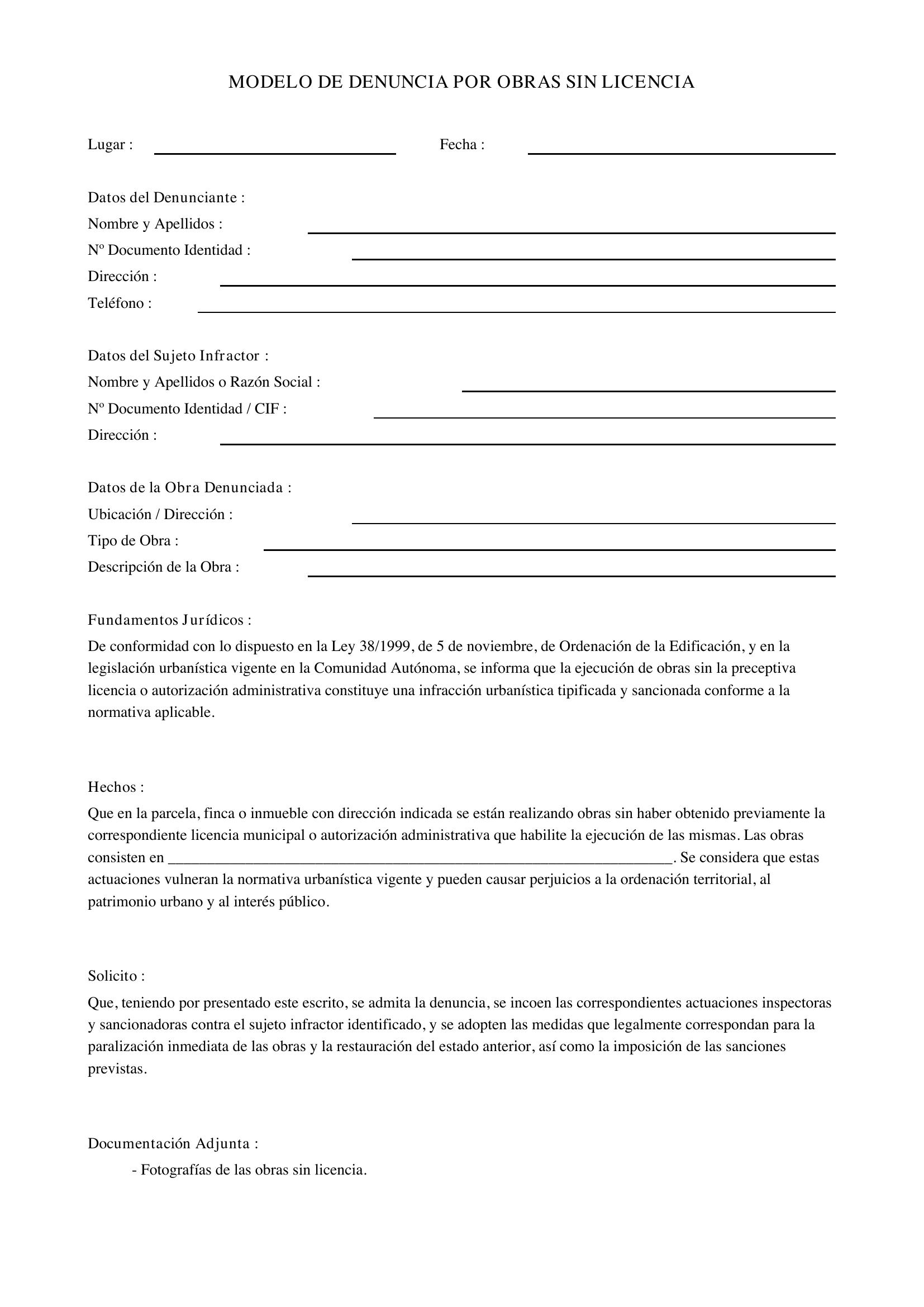 Modelo Denuncia Por Obras Sin Licencia